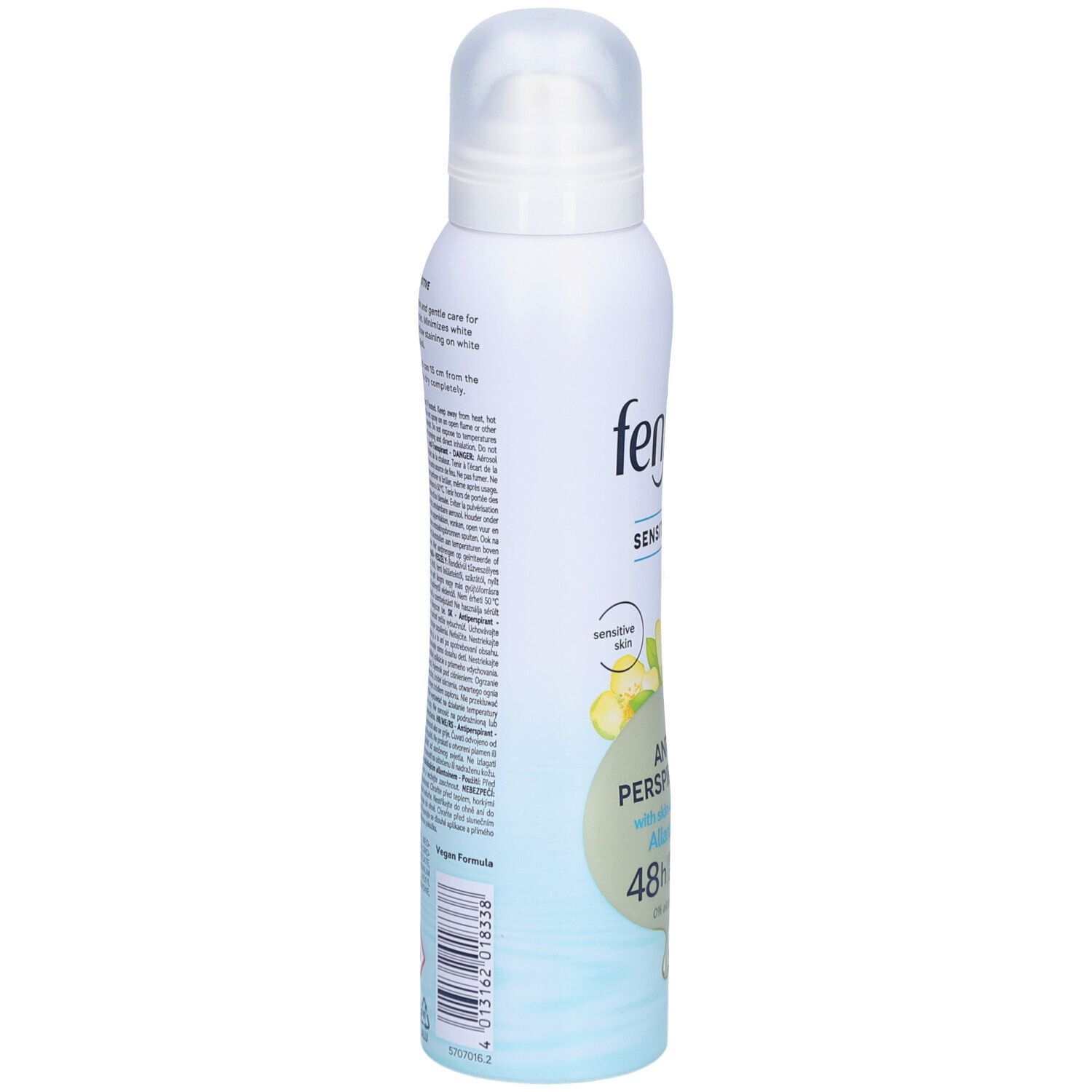 Déodorant anti-transpirant FENJAL, vue latérale. Flacon blanc. Texte sur étiquette bleue. Code-barres et informations produit.