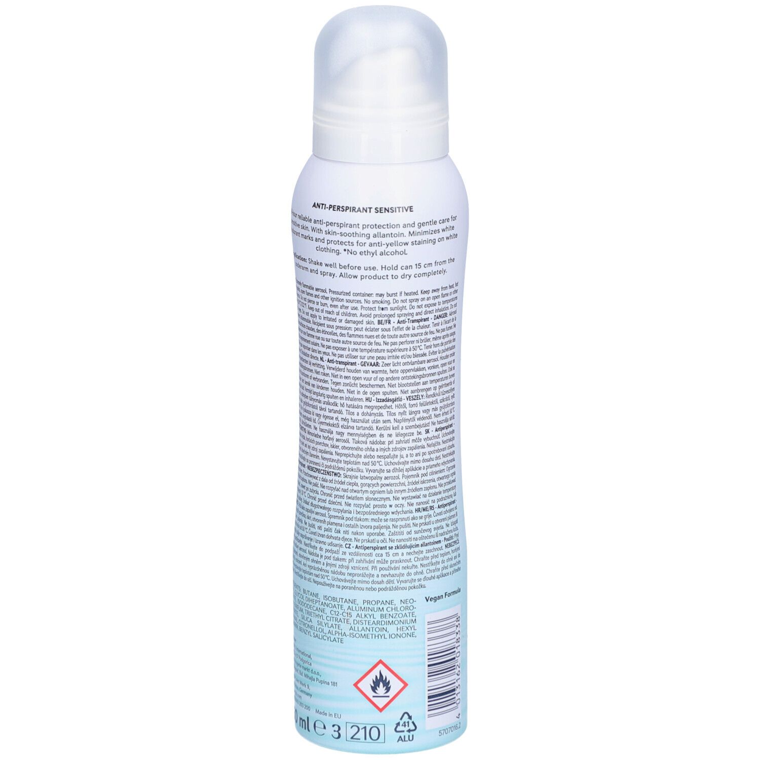 Déodorant anti-transpirant FENJAL, dos du flacon blanc. Texte sur étiquette bleue. Avertissements et ingrédients.