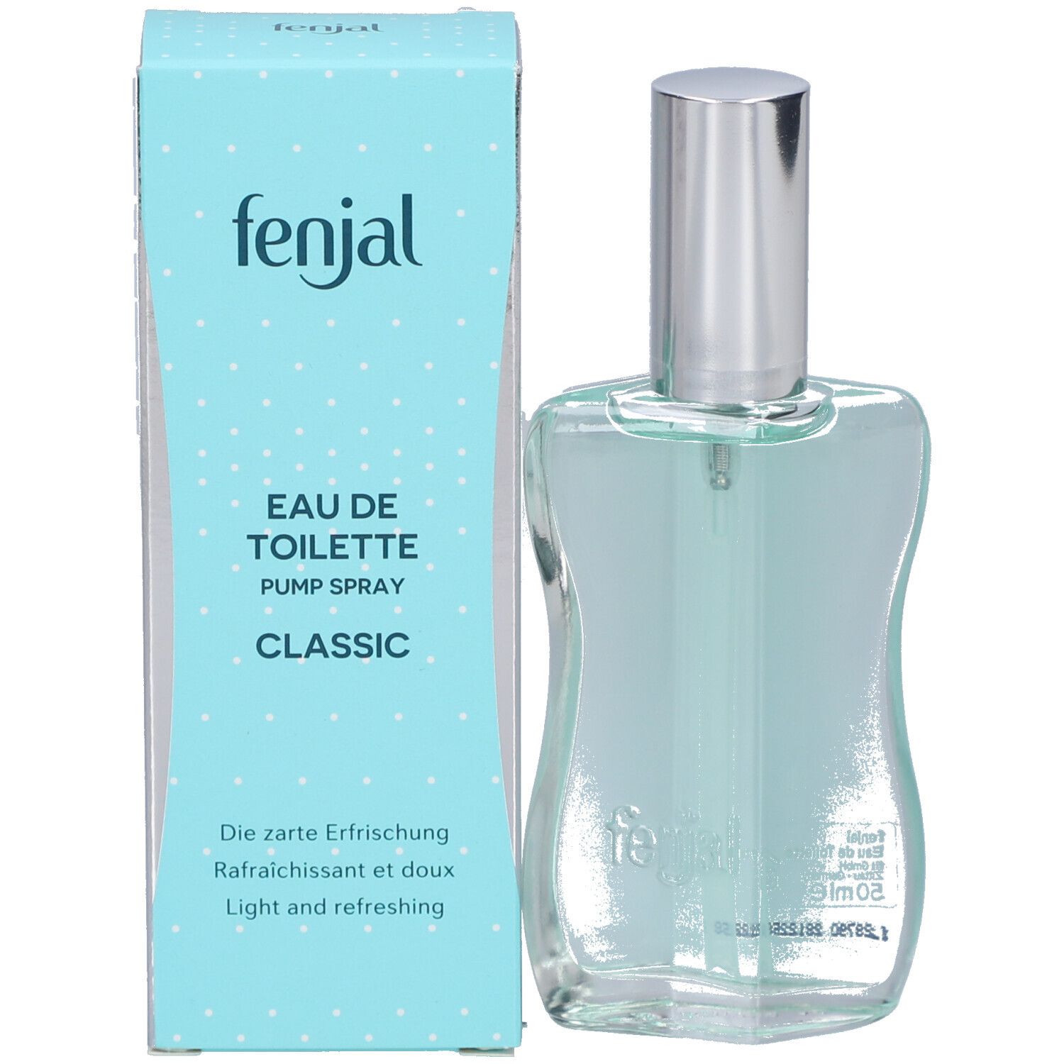 Blau-weiße Verpackung mit Flakon. Auf der Verpackung steht "fenjal Eau de Toilette Classic". Der Flakon ist daneben platziert.