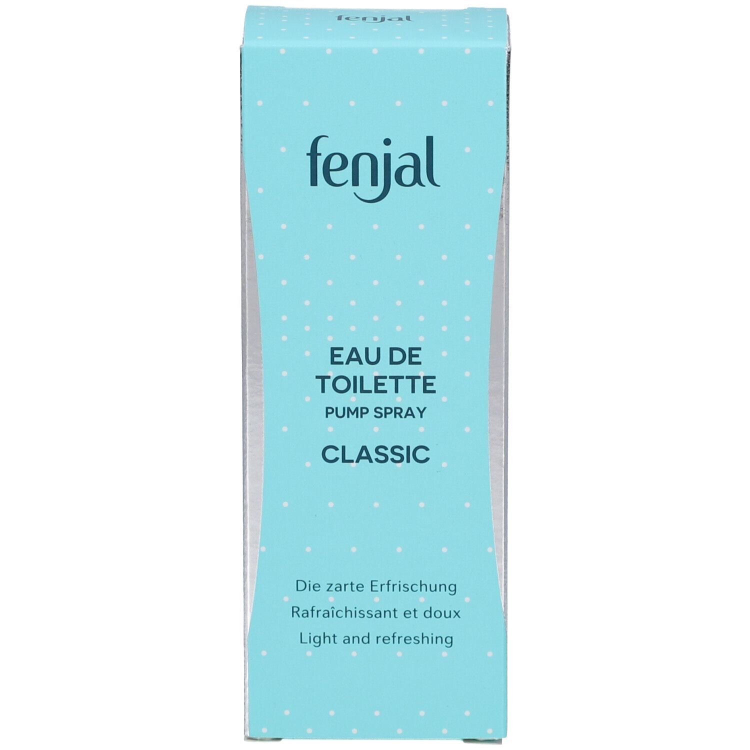 Blaue Verpackung mit weißem Text. Auf der Verpackung steht "fenjal Eau de Toilette Classic".