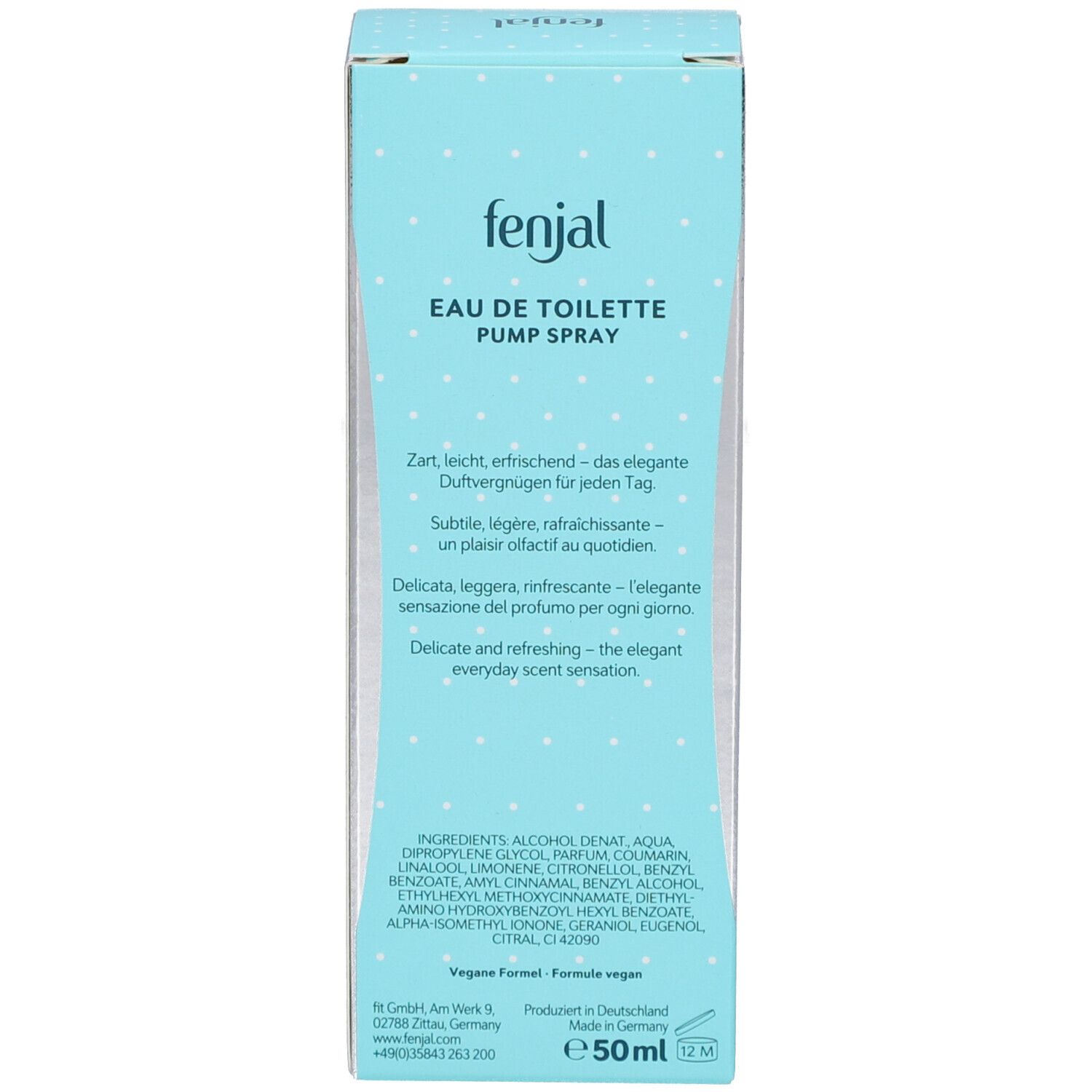 Rückseite der Verpackung mit Text. Enthält Informationen zu Inhaltsstoffen und Hersteller. "fenjal Eau de Toilette Classic".