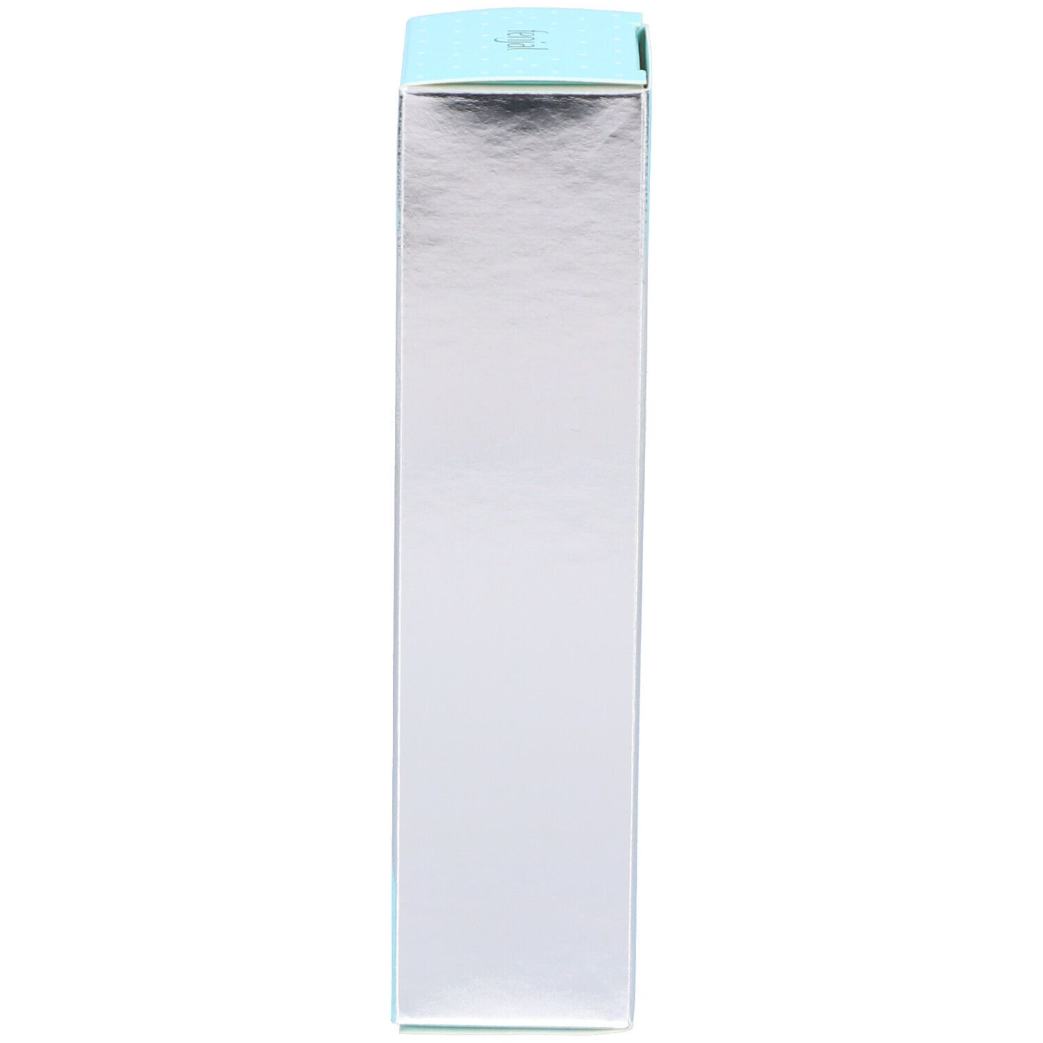 Silberne Seite der Verpackung. Oben und unten ist ein blauer Streifen zu sehen.