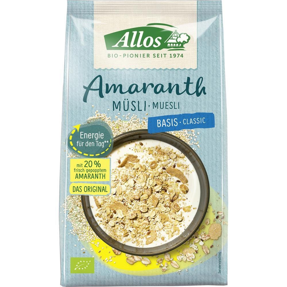 Verpackung von Allos Amaranth Müsli de base bio. Blaue und weiße Tüte mit Produktabbildung und Text. Bio-Siegel.