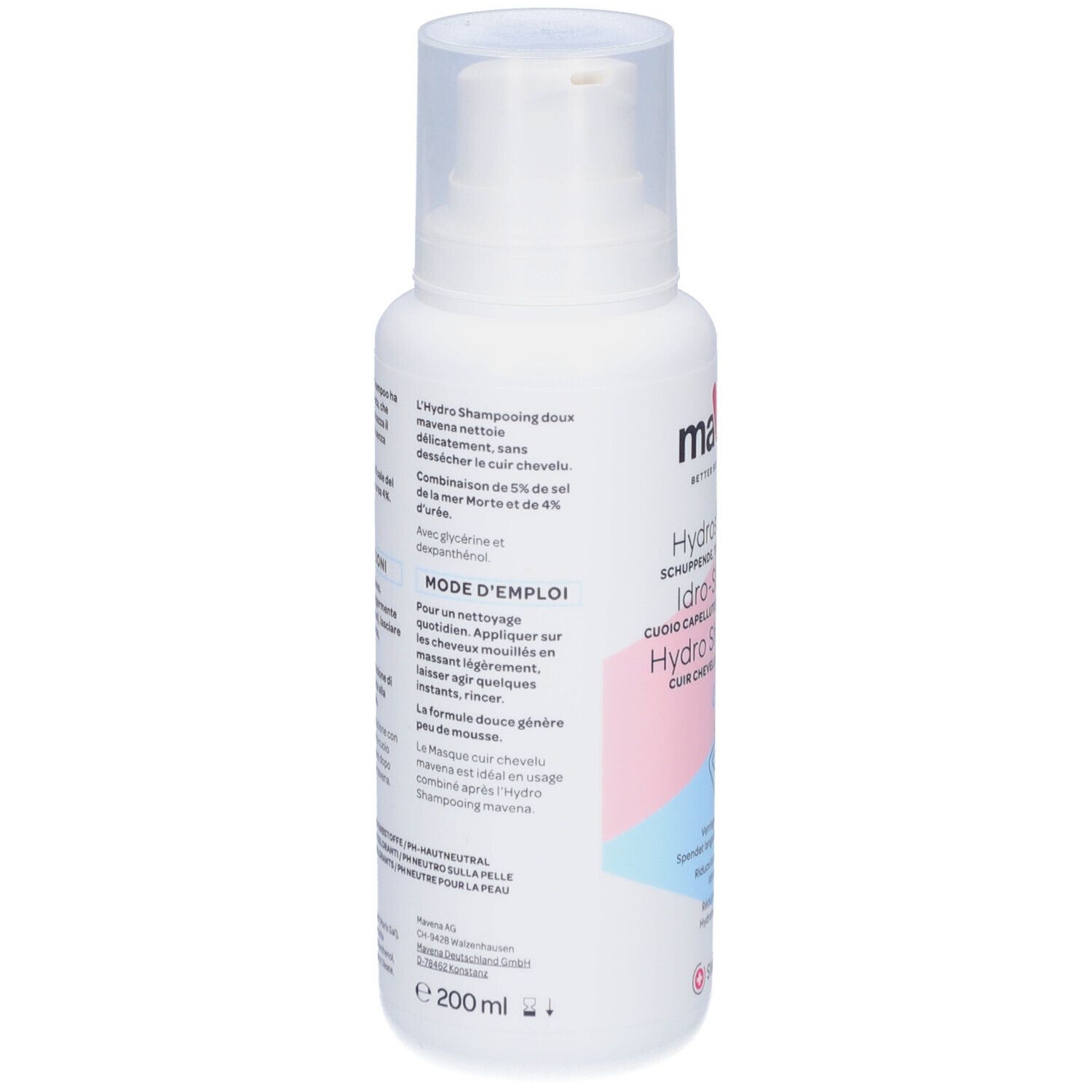 Rückseite der weißen Flasche. Text: Mavena Hydroshampoo. Inhaltsstoffe, Anwendungshinweise. Volumen: 200 ml.