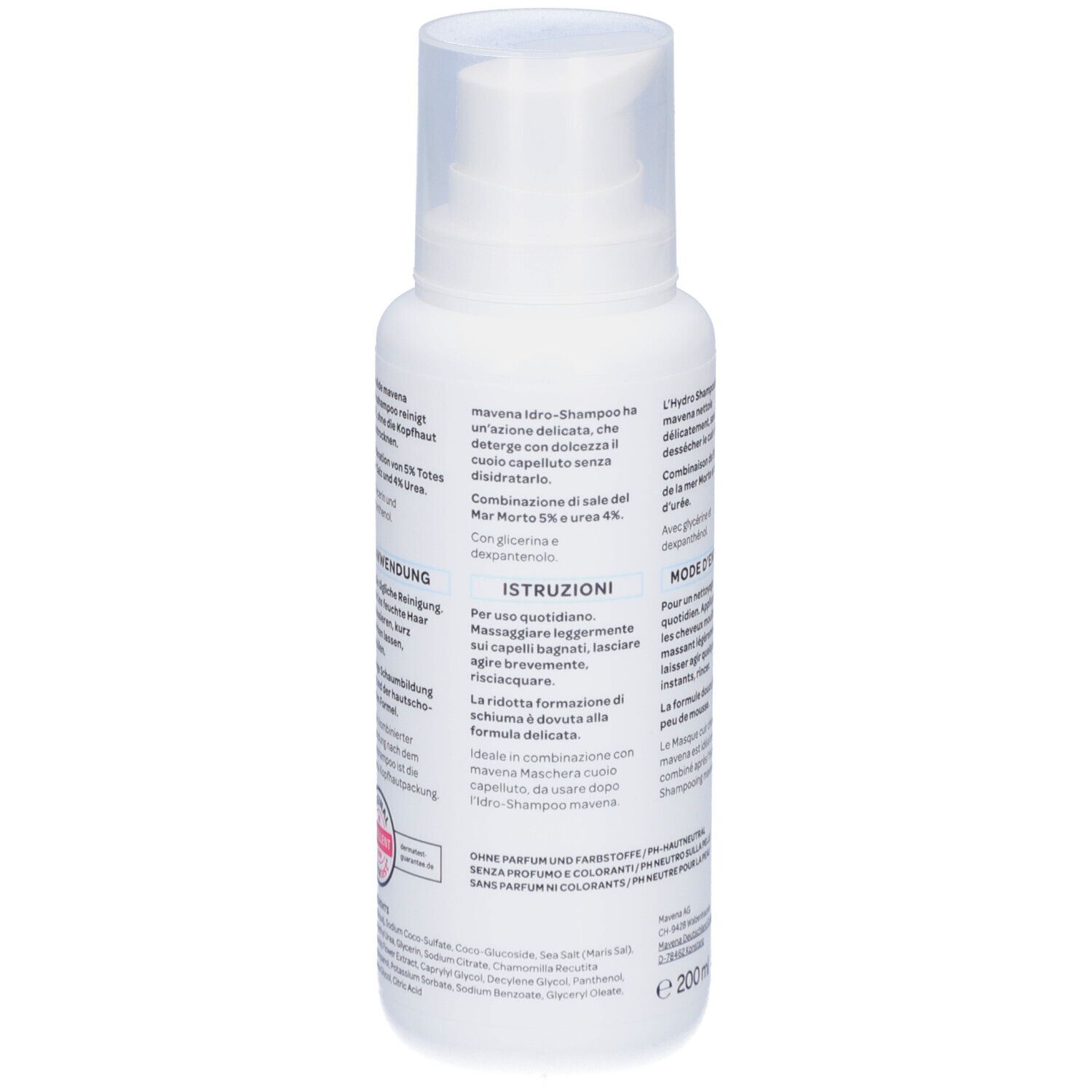 Rückseite der weißen Flasche. Text: Mavena Hydroshampoo. Inhaltsstoffe, Anwendungshinweise. Volumen: 200 ml.