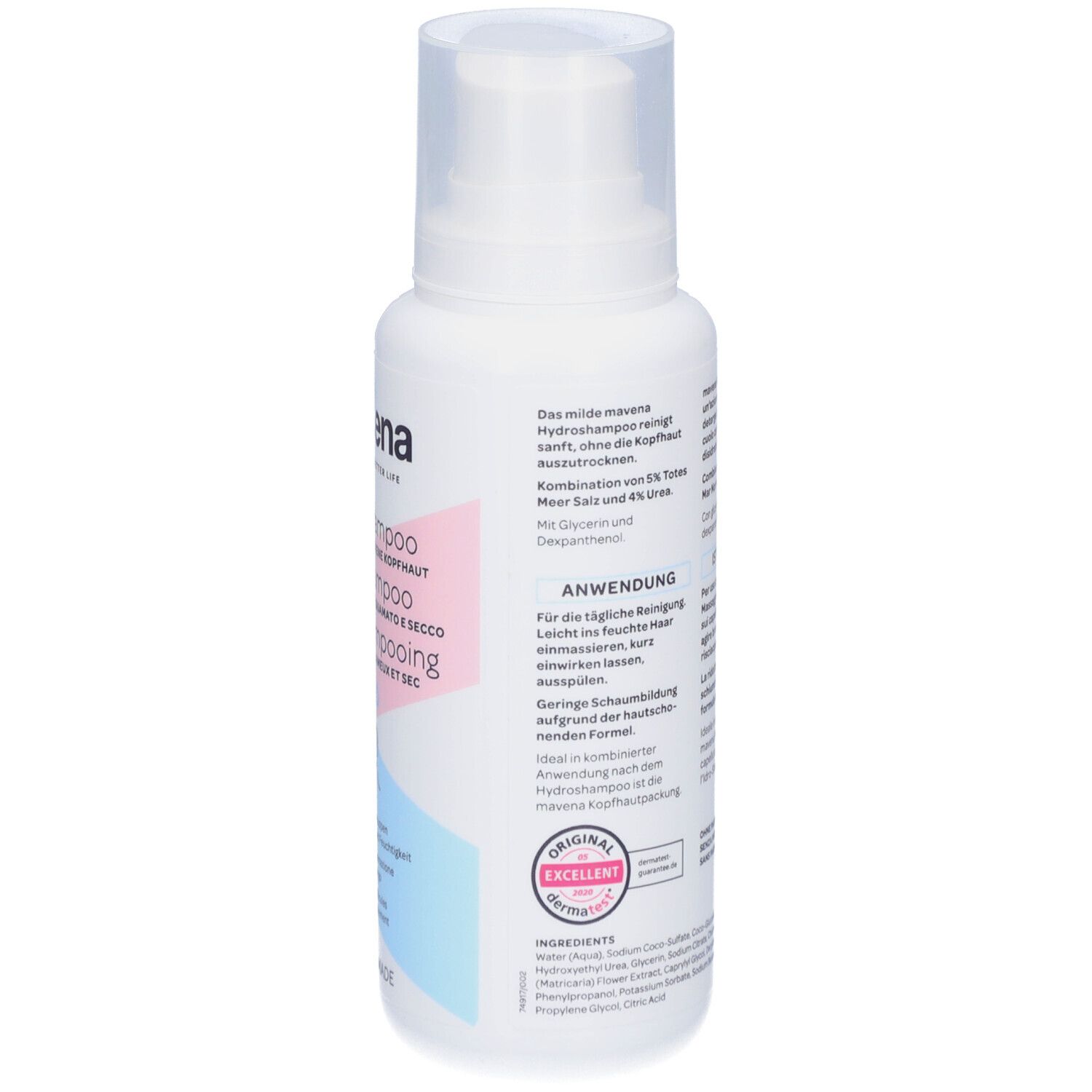 Rückseite der weißen Flasche. Text: Mavena Hydroshampoo. Anwendungshinweise. Qualitätszeichen.