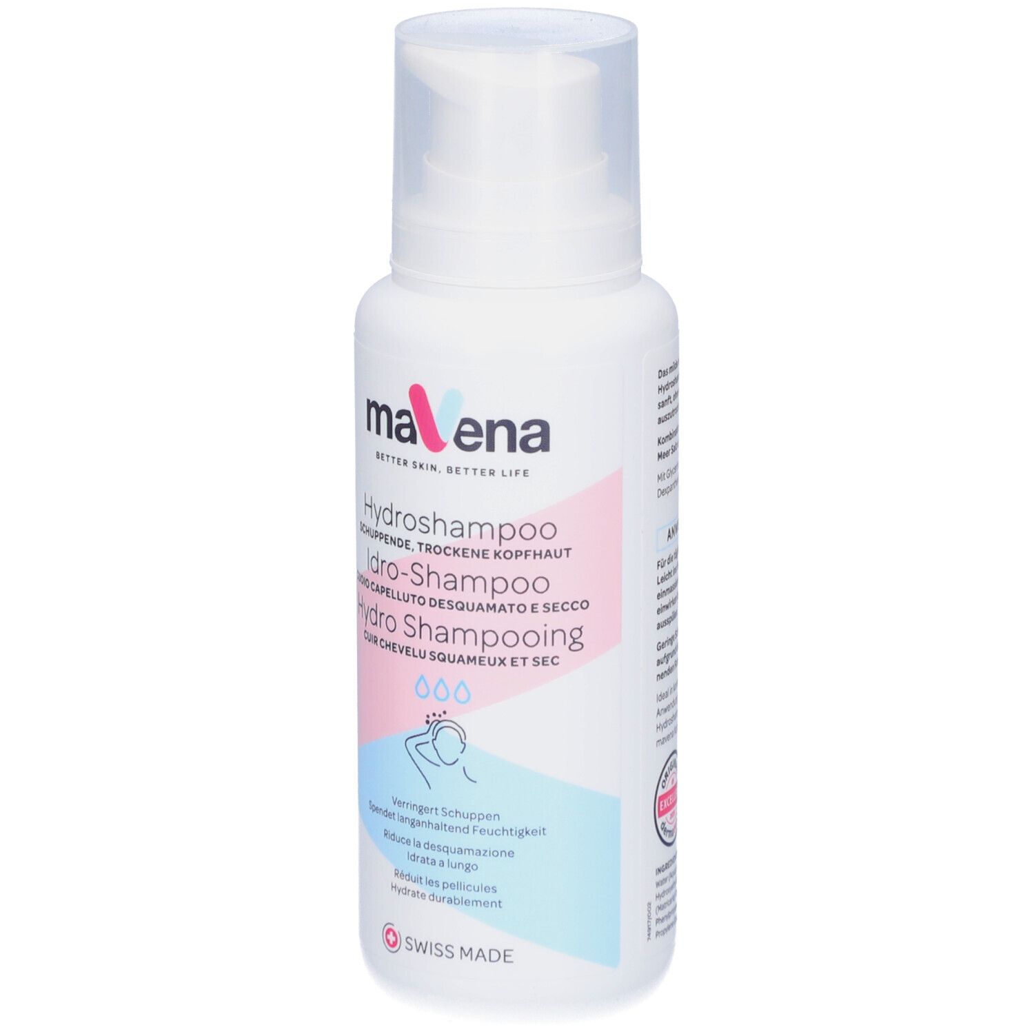 Weiße Flasche mit Pumpverschluss. Text: Mavena Hydroshampoo. Für schuppende, trockene Kopfhaut. Swiss Made.