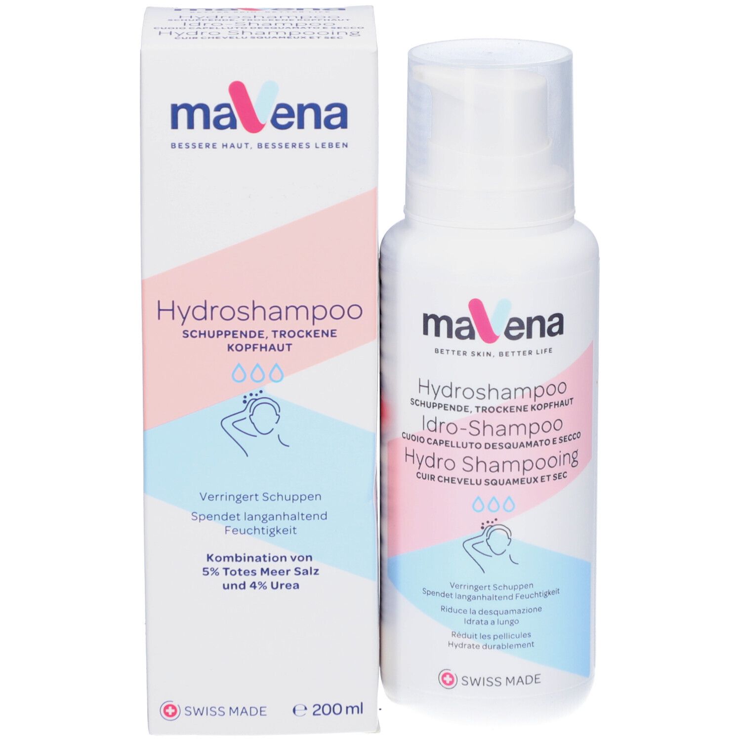 Produktverpackung und Flasche. Text: Mavena Hydroshampoo. Für schuppende, trockene Kopfhaut. Volumen: 200 ml.