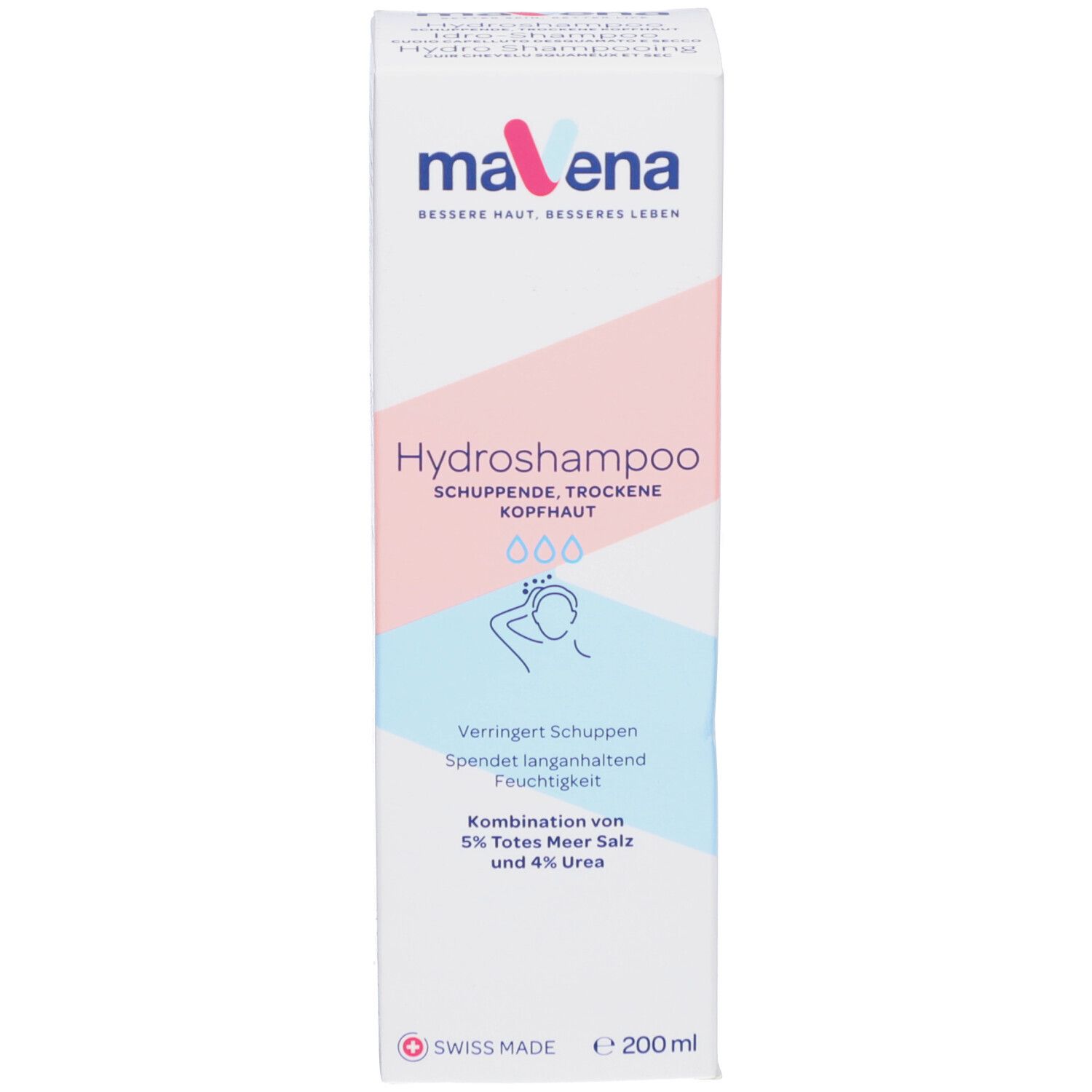 Produktverpackung. Text: Mavena Hydroshampoo. Für schuppende, trockene Kopfhaut. Volumen: 200 ml.