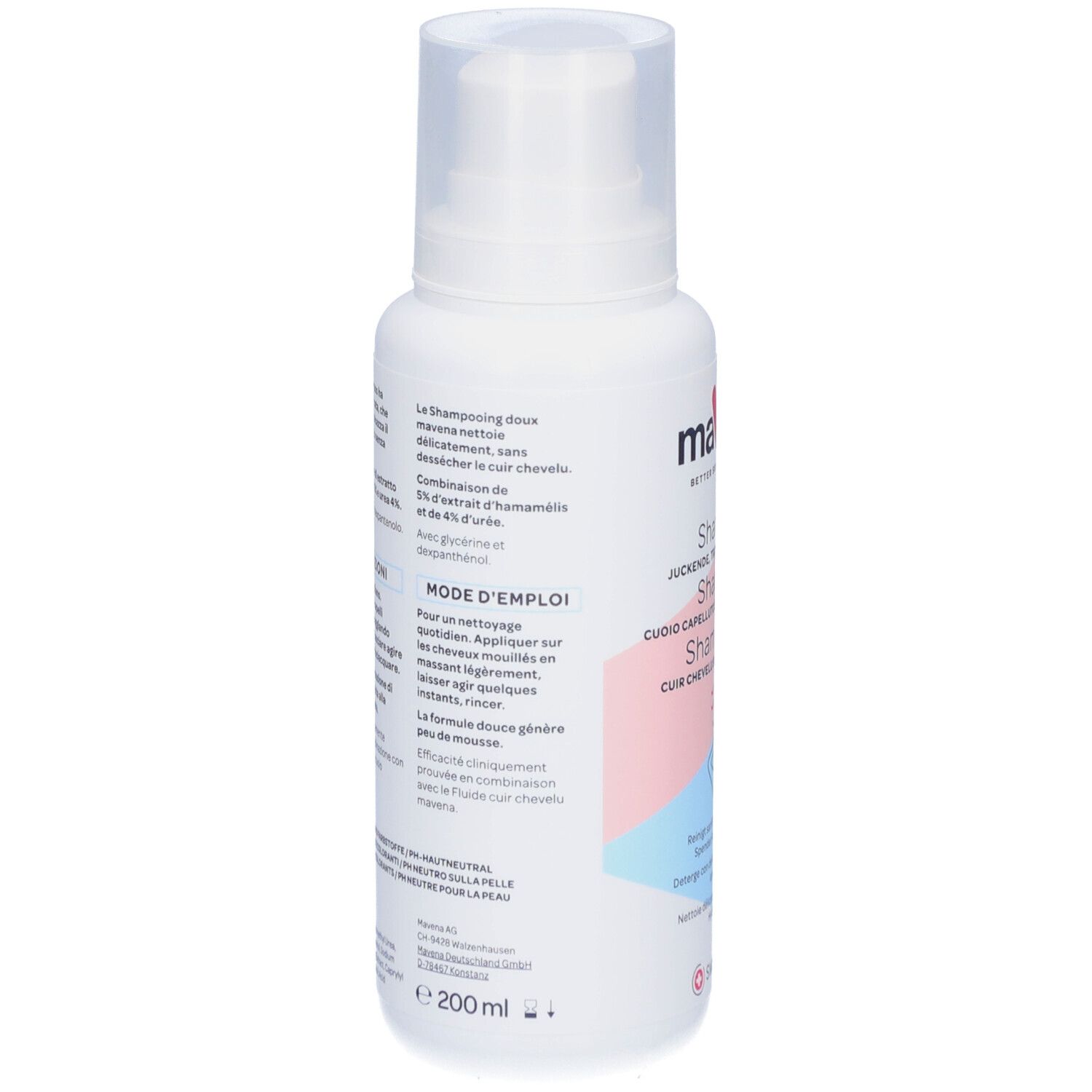 Rückseite der weißen Flasche mit Pumpverschluss. Text in mehreren Sprachen. Enthält Anweisungen und Inhaltsstoffe. Volumen: 200 ml.