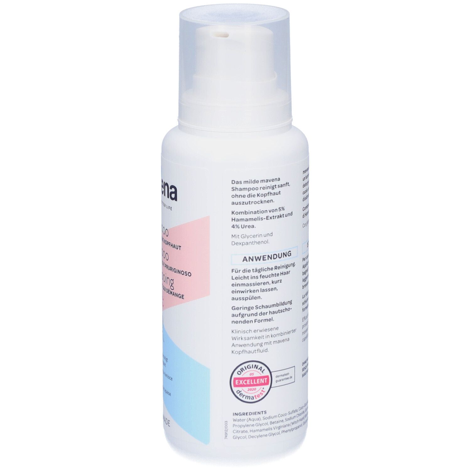 Rückseite der weißen Flasche mit Pumpverschluss. Text in mehreren Sprachen. Enthält Anweisungen und Inhaltsstoffe. Volumen: 200 ml. Qualitätssiegel.