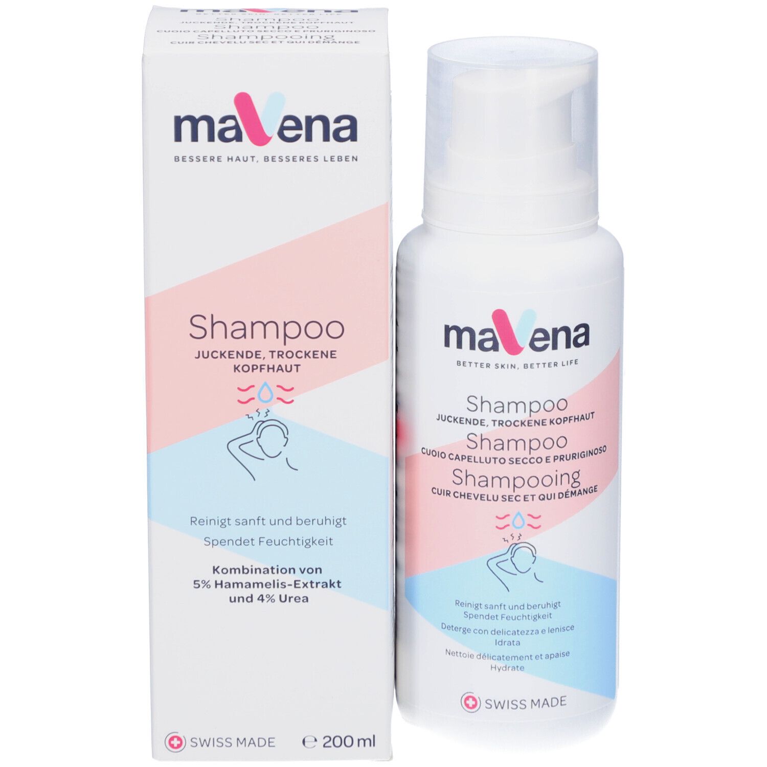 Produkt und Verpackung. Weiße Flasche mit Pumpverschluss und Karton. Aufschrift: Mavena Shampoo. Volumen: 200 ml. Swiss Made.