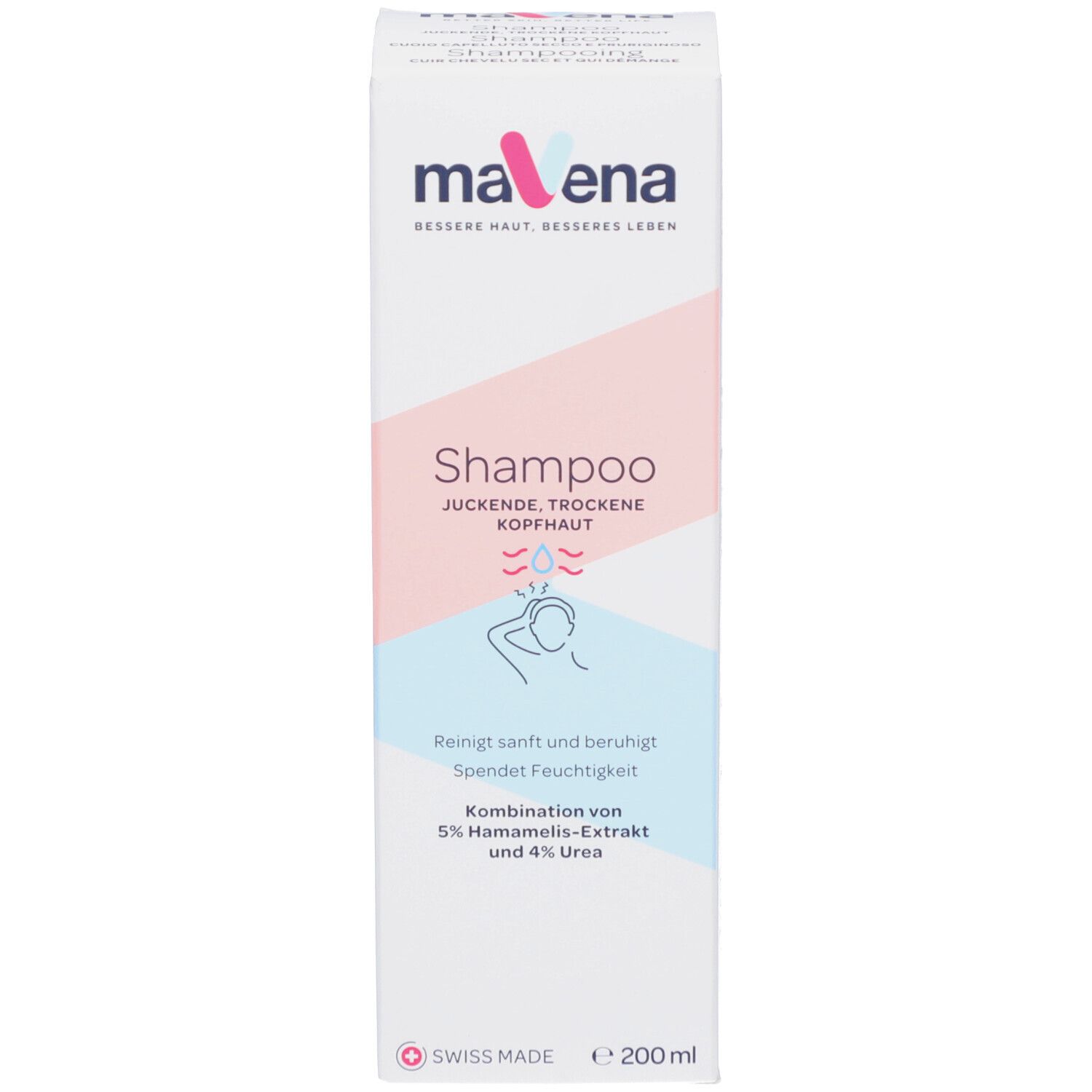 Produktverpackung. Weißer Karton mit Aufschrift: Mavena Shampoo. Text in Deutsch, Italienisch, Niederländisch und Französisch. Volumen: 200 ml.