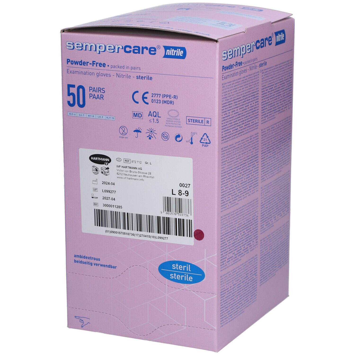 Rosa Kartonbox mit Sempercare Nitril-Handschuhen. 50 Paar, steril, CE-Kennzeichnung.