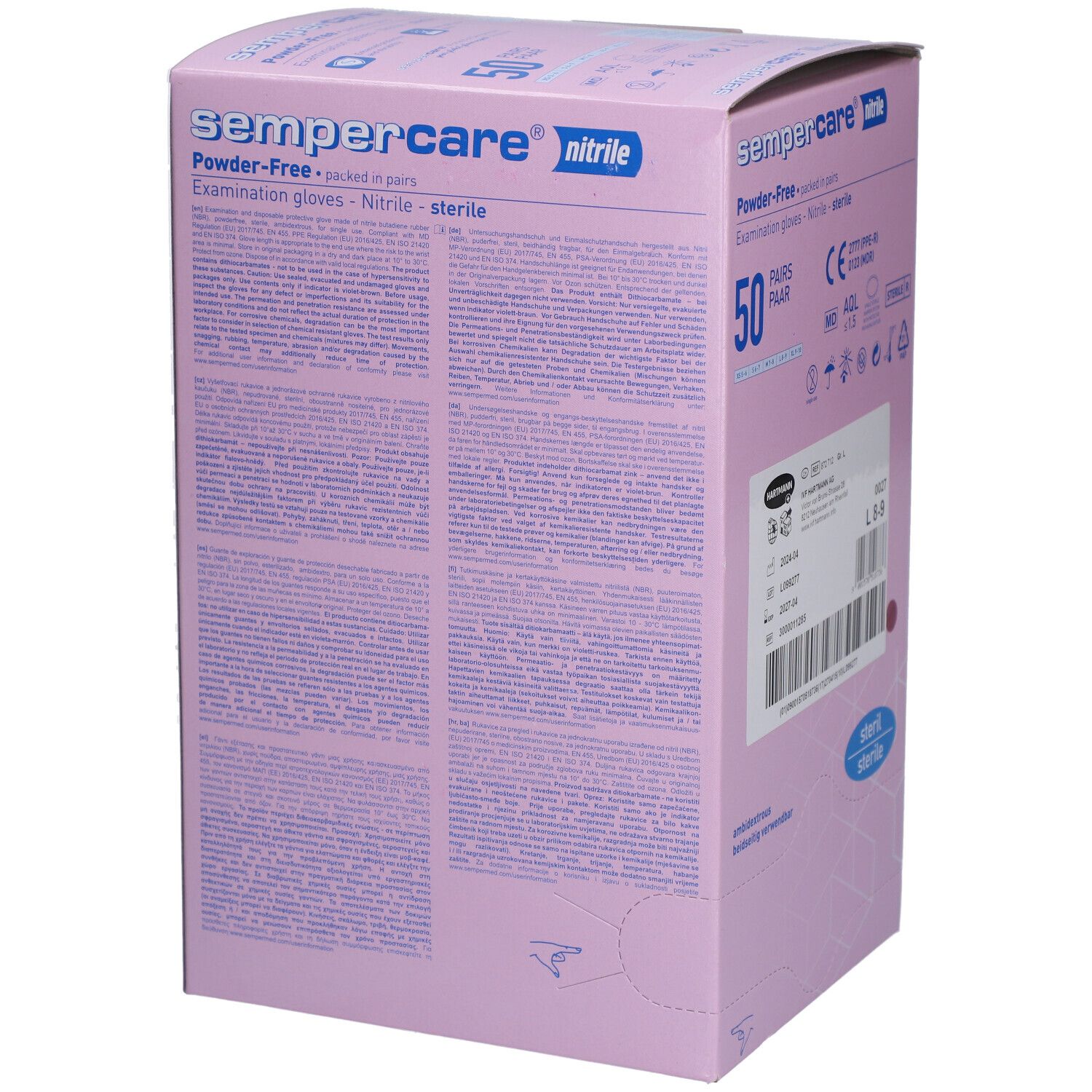 Seitenansicht der rosa Sempercare Nitril-Handschuhbox. Text und Kennzeichnungen.