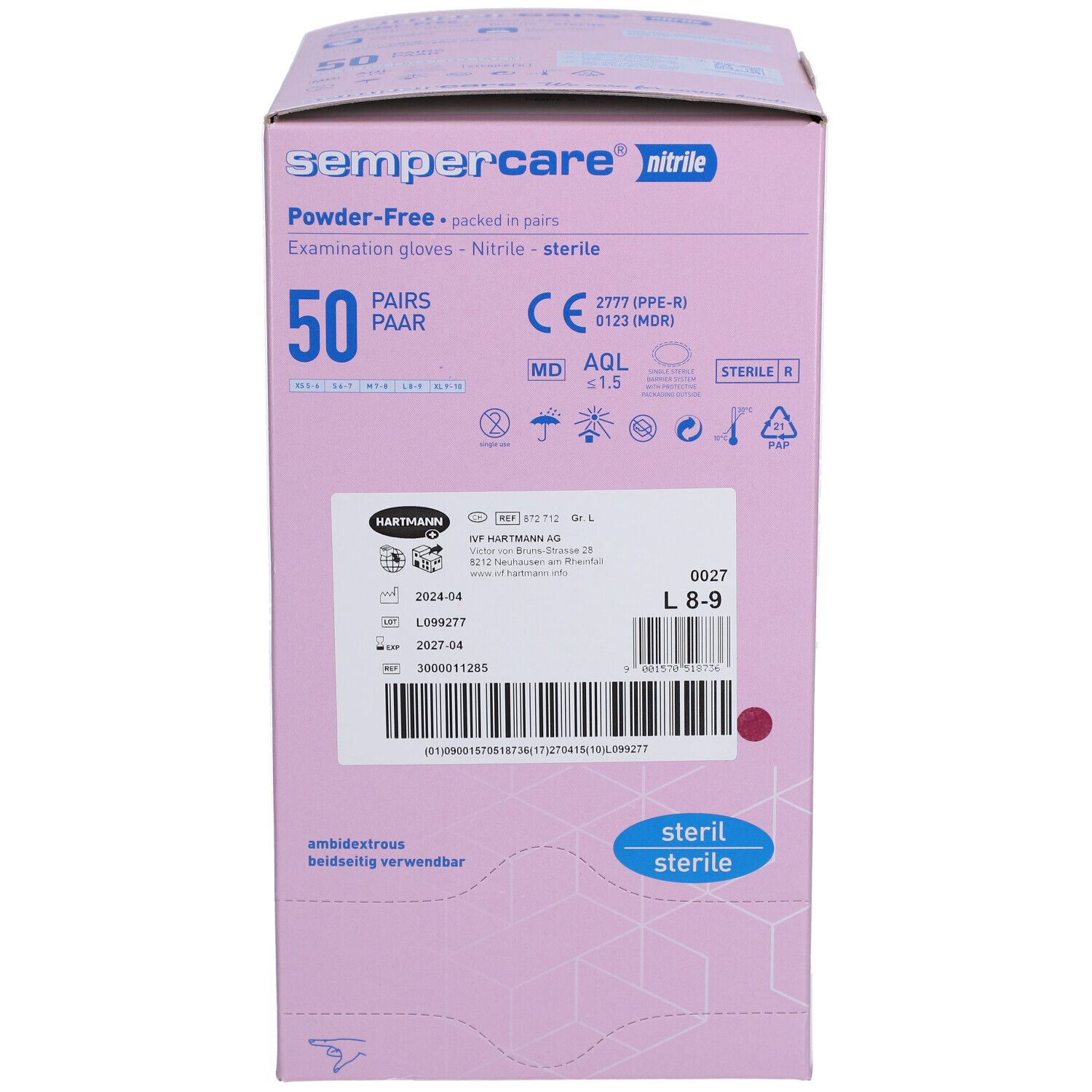 Vorderseite der rosa Sempercare Nitril-Handschuhbox. 50 Paar, steril, CE-Kennzeichnung.
