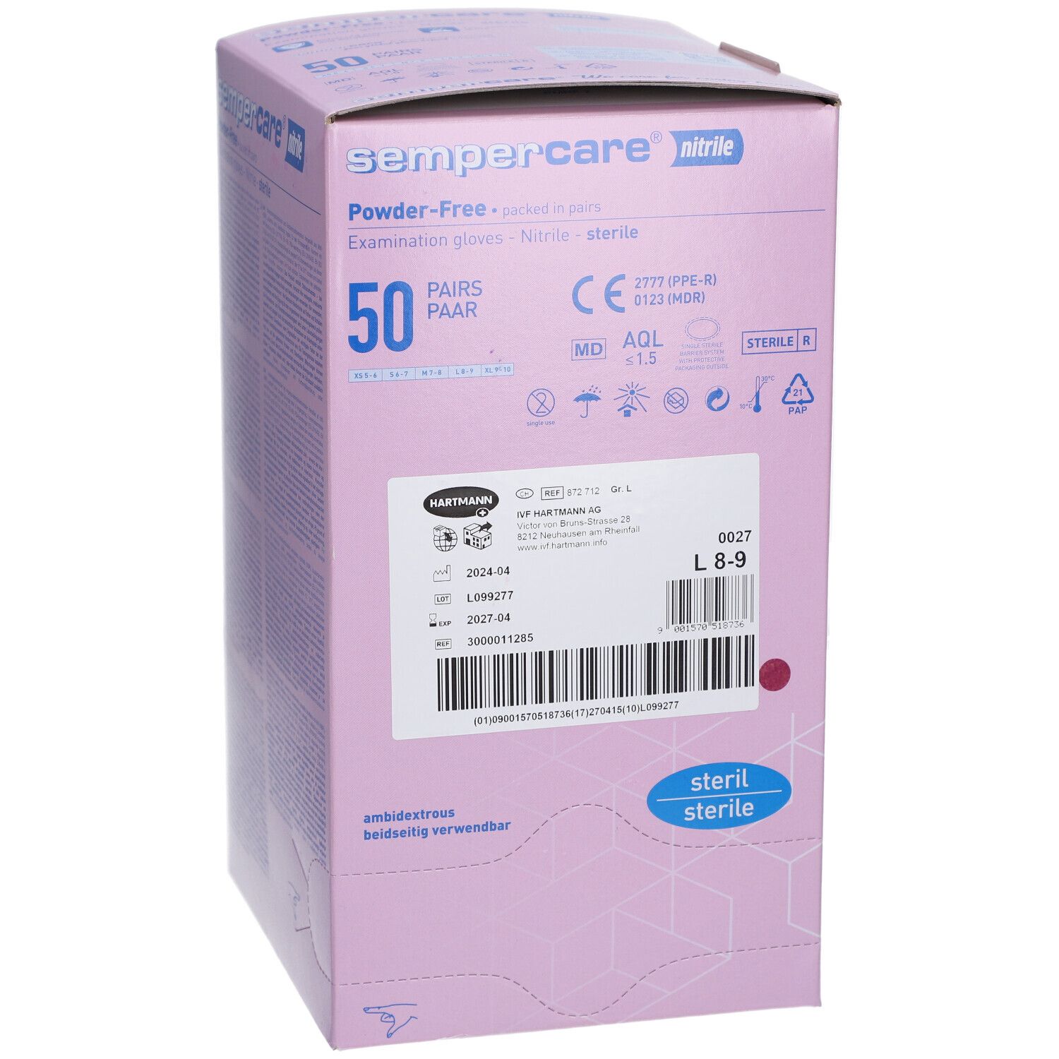 Vorderseite der rosa Sempercare Nitril-Handschuhbox. 50 Paar, steril, CE-Kennzeichnung.