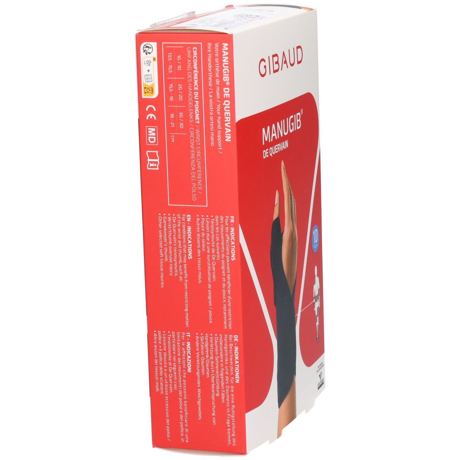 Seitenansicht der Verpackung mit Größenangaben und CE-Kennzeichnung für eine Daumen-Sehnenentzündung-Bandage.