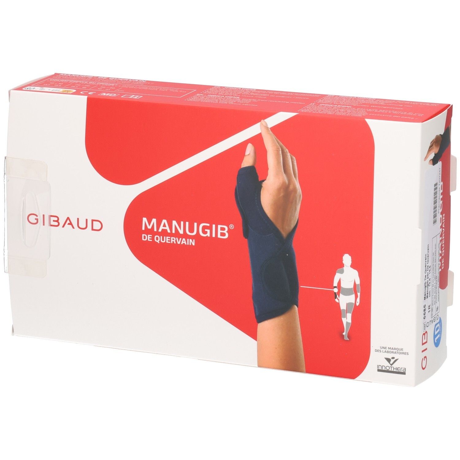 Verpackung für eine Daumen-Sehnenentzündung-Bandage. Vorderseite mit Hand und schematischer Körperdarstellung.