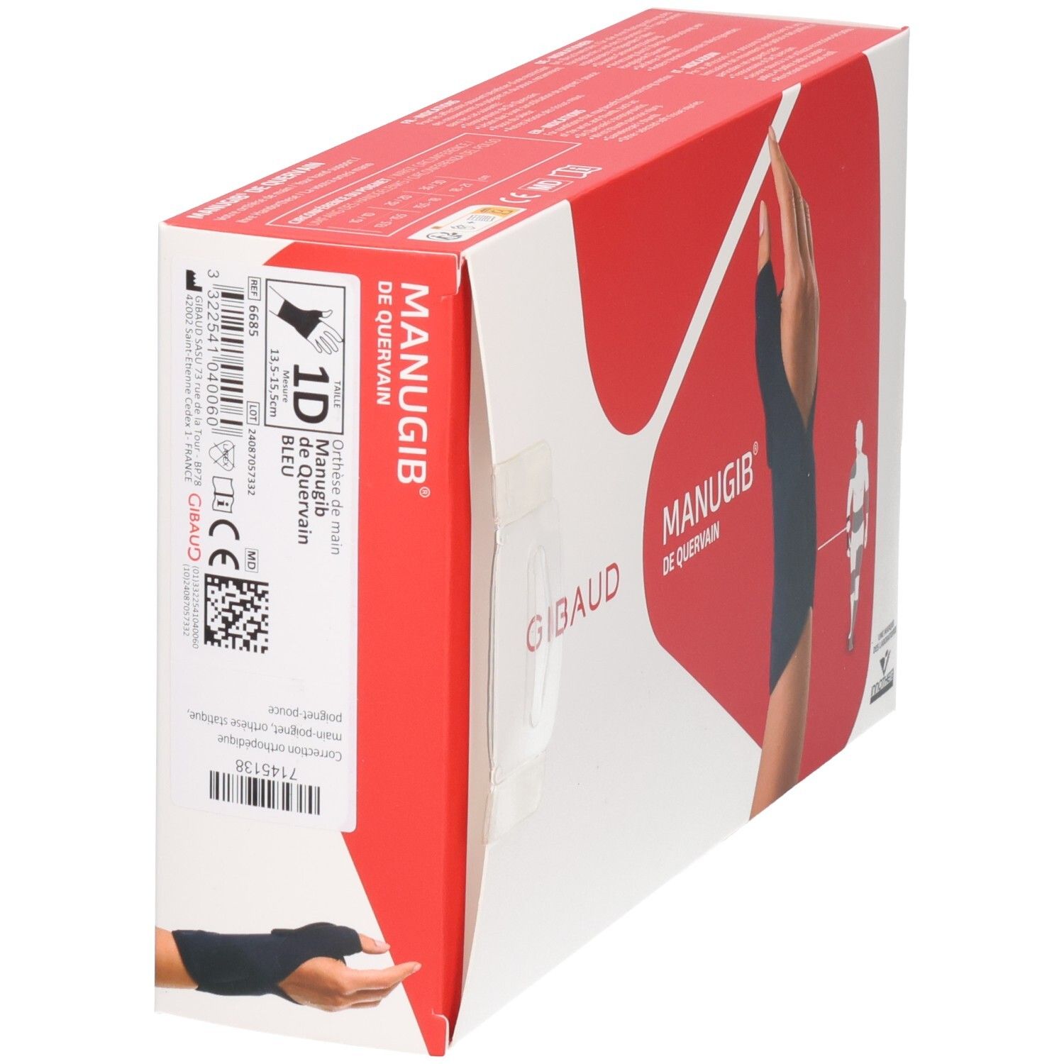 Verpackung mit Produktinformationen und Barcode. Zeigt eine Hand mit Daumen-Sehnenentzündung-Bandage.