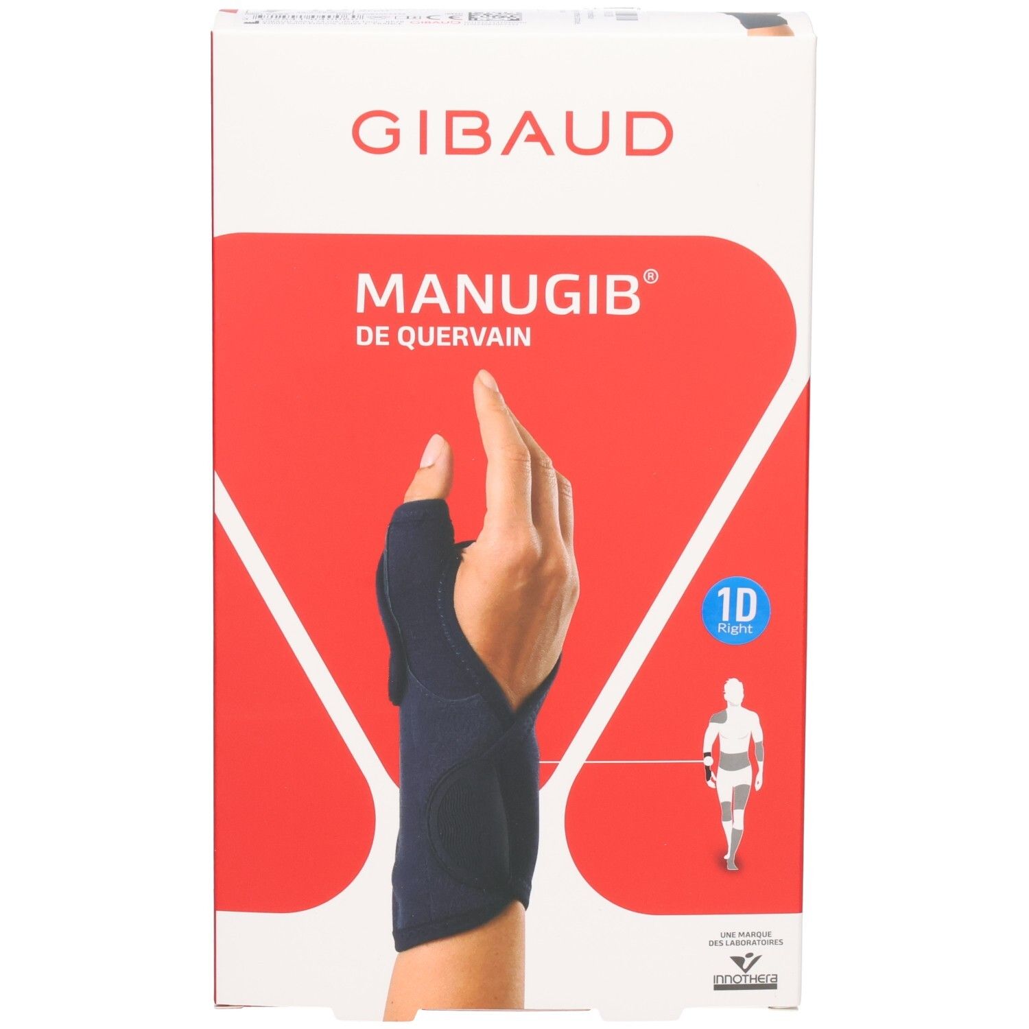 Verpackung für eine Daumen-Sehnenentzündung-Bandage. Vorderseite mit Hand und schematischer Körperdarstellung.