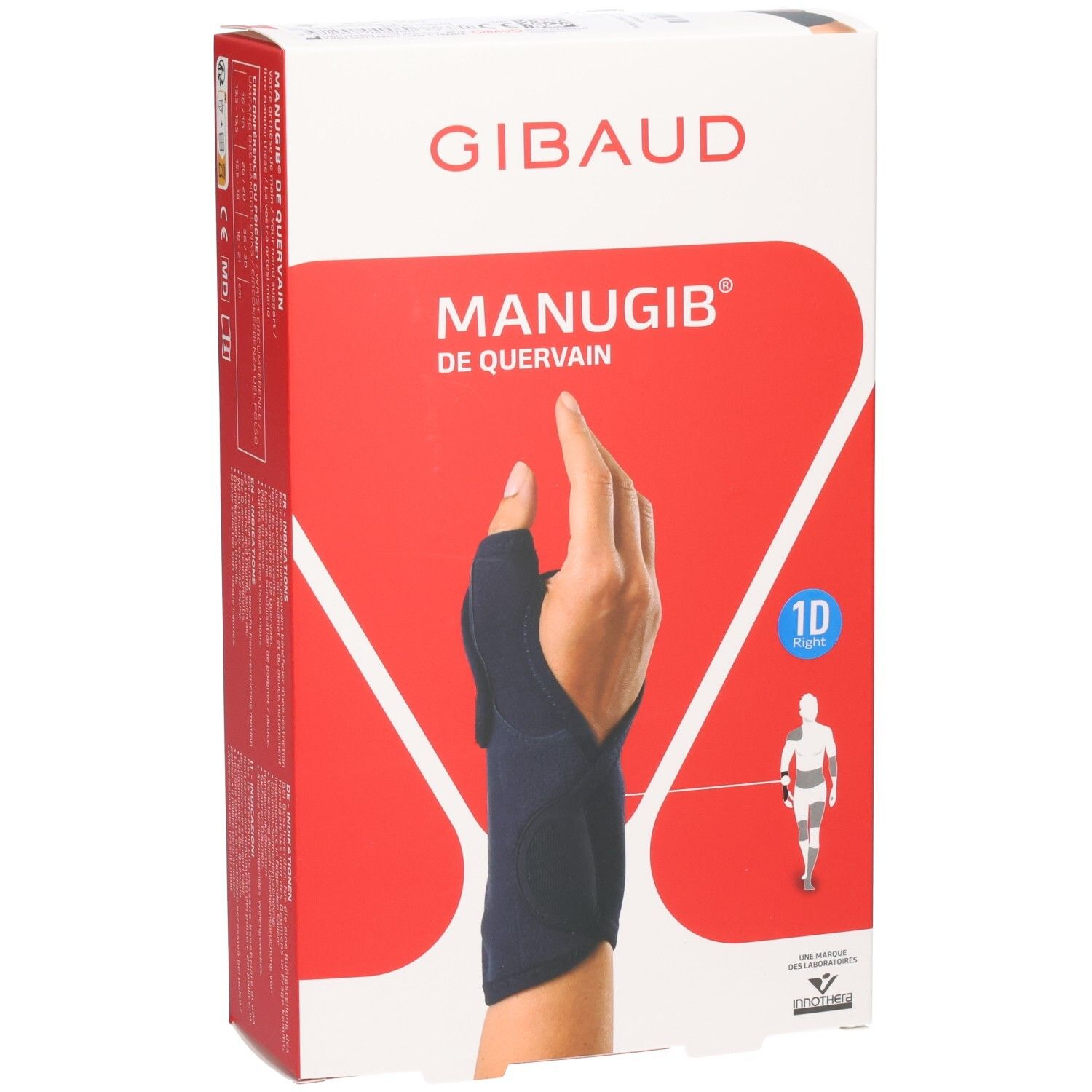 Verpackung für eine Daumen-Sehnenentzündung-Bandage. Zeigt eine Hand mit Bandage und eine schematische Darstellung des Körpers.
