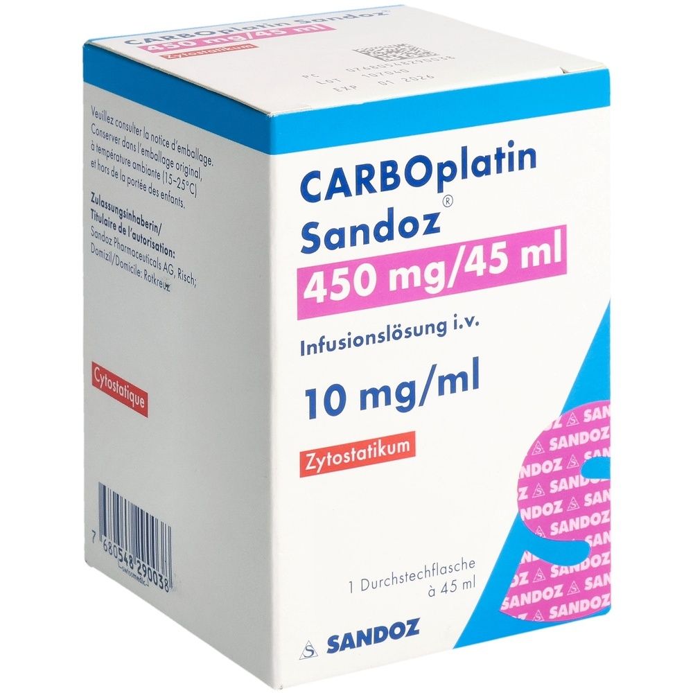 Karton von CARBOPlatin Sandoz. Enthält 450 mg/45 ml Infusionslösung. Mit Aufschrift Zytostatikum und Sandoz-Logo.