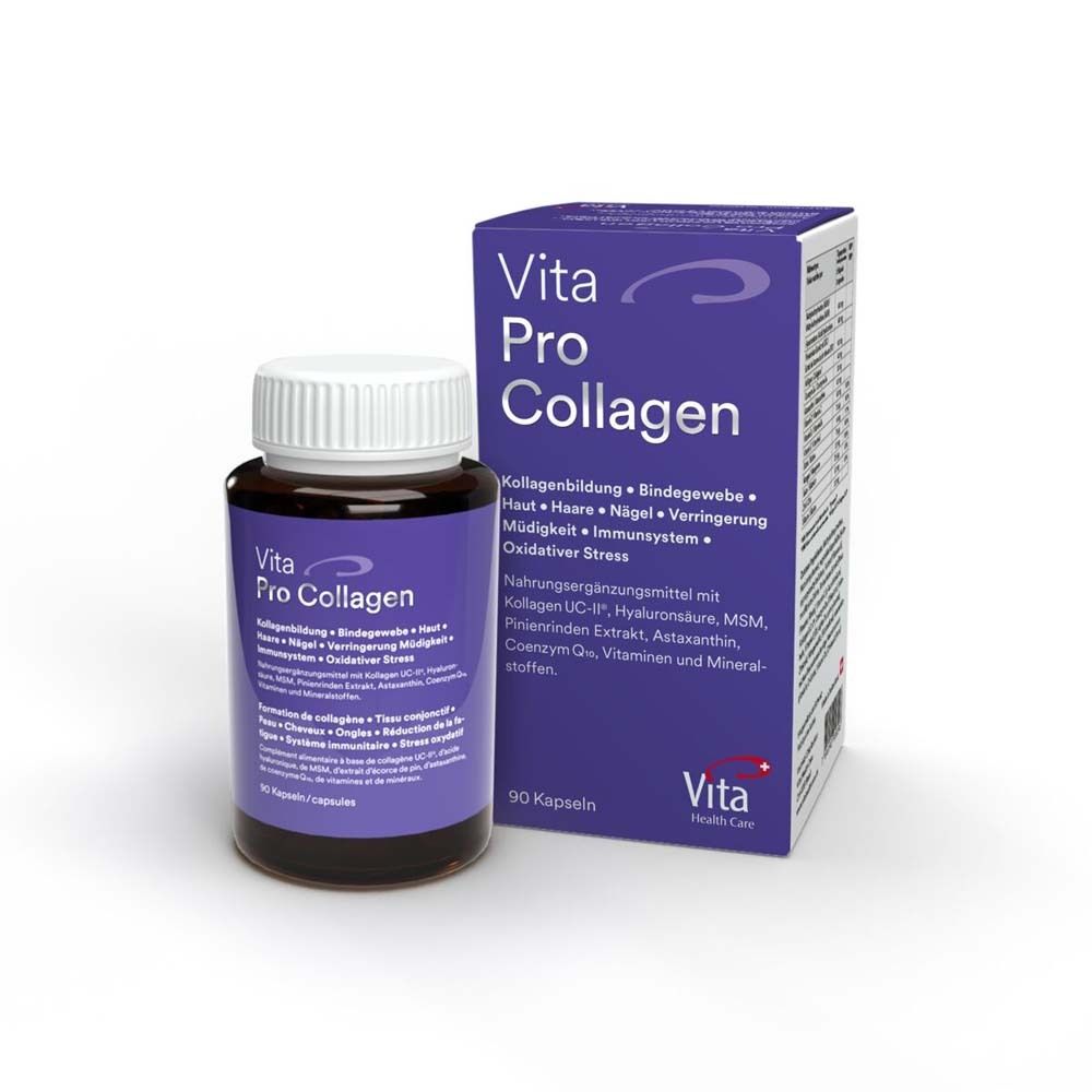 Vita Pro Collagen®-Produkt. Braune Flasche mit weißem Deckel und lila Etikett. 90 Kapseln. Box daneben.