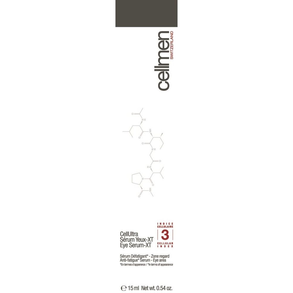 Cellmen CellUltra Augenserum-XT. Weißes Etikett mit Produktnamen, chemischer Struktur und Logo. 15 ml.