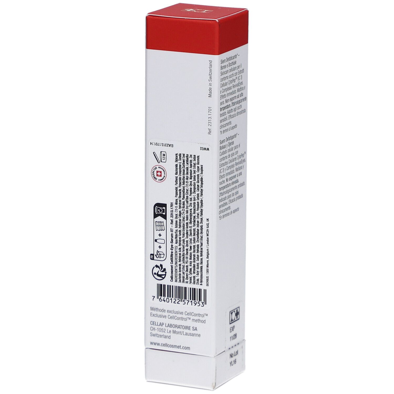 Rückseite der Produktverpackung. Enthält Informationen in verschiedenen Sprachen. Mit Barcode und Herstelleradresse.