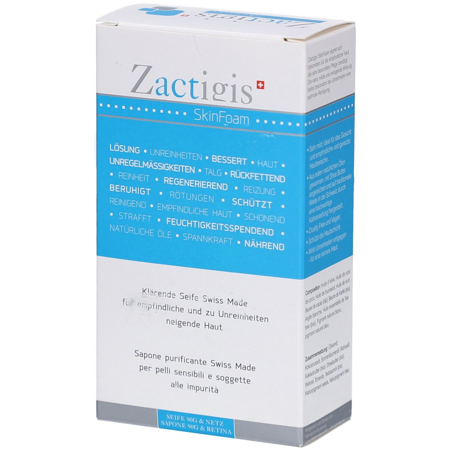 Boîte blanche et bleue. Inscription: Zactigis SkinFoam. Texte en allemand, français et italien. Savon clarifiant pour peaux sensibles.