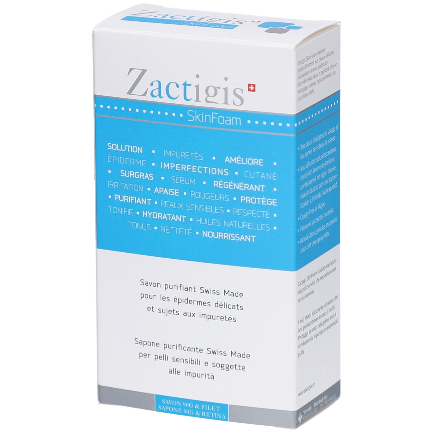 Boîte blanche et bleue. Inscription: Zactigis SkinFoam. Texte en allemand, français et italien. Vue du produit.