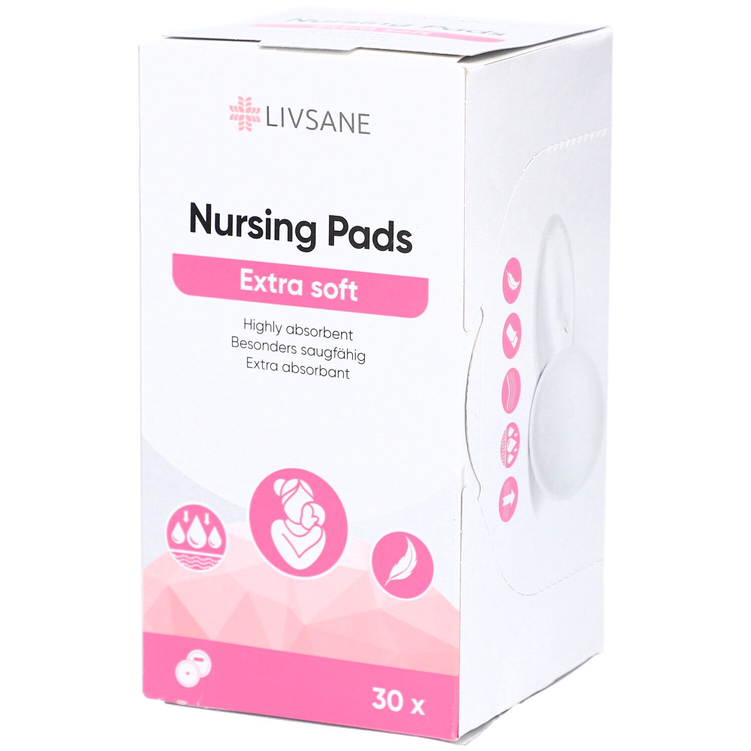 Boîte de coussinets d'allaitement Livsane. Inscription 'Nursing Pads Extra soft'. Contient 30 pièces.
