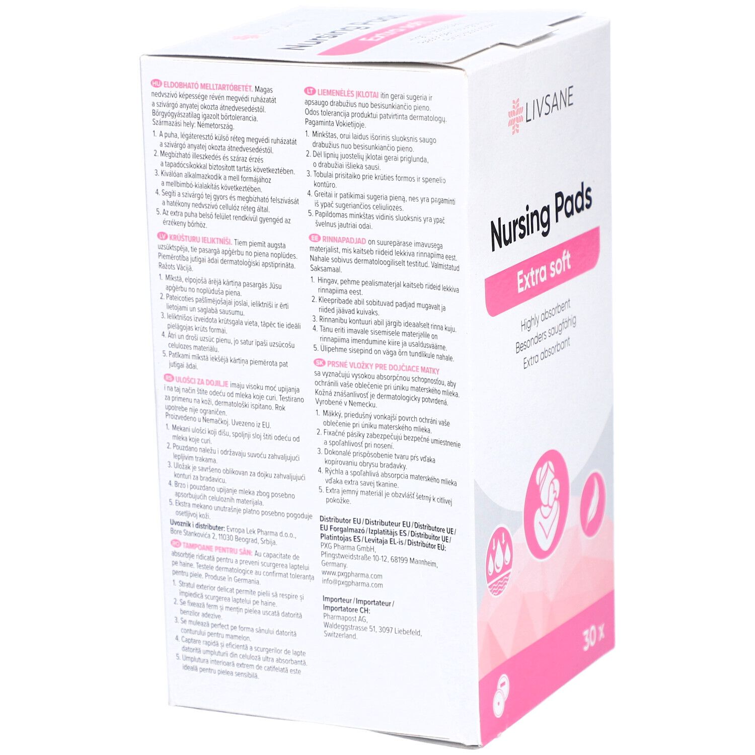 Boîte avec texte. Marque Livsane, inscription 'Nursing Pads Extra soft'. Texte en plusieurs langues.