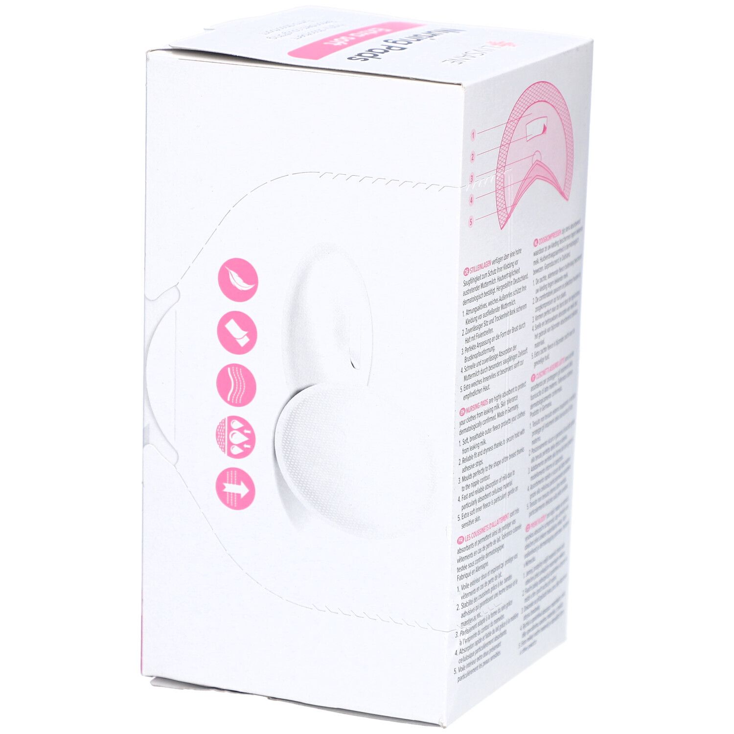 Boîte avec texte et illustrations. Marque Livsane, inscription 'Nursing Pads Extra soft'.
