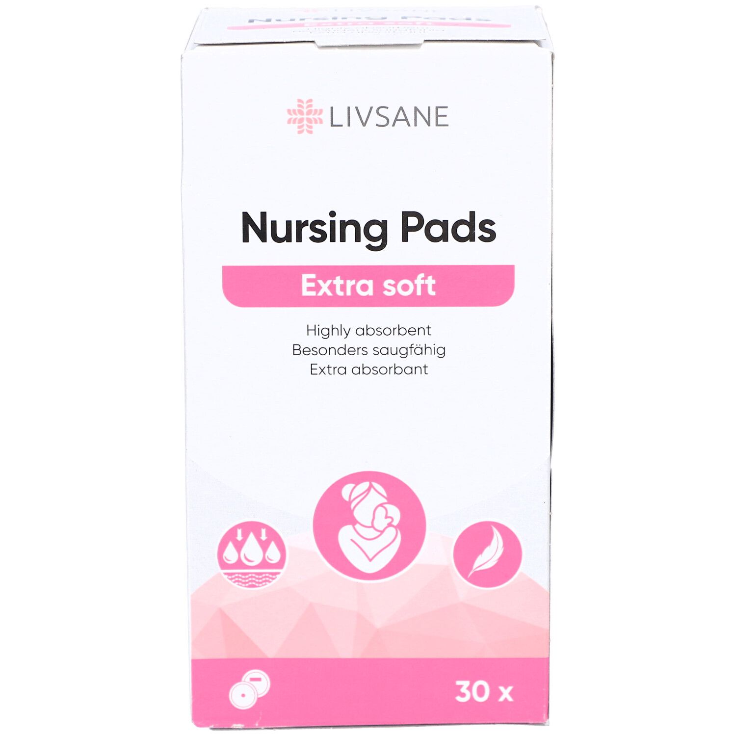 Boîte de coussinets d'allaitement Livsane. Inscription 'Nursing Pads Extra soft'. Contient 30 pièces.