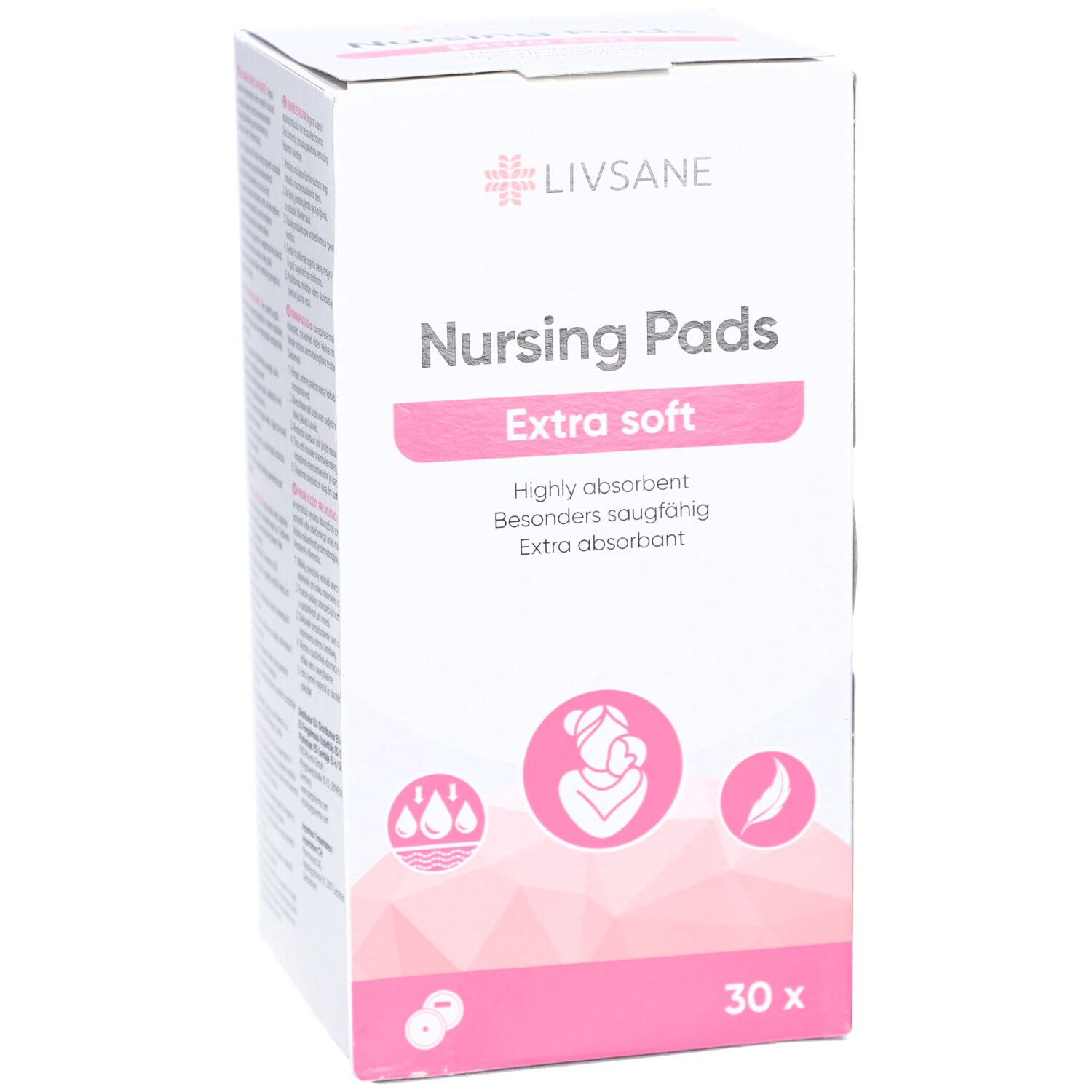 Boîte de coussinets d'allaitement Livsane. Inscription 'Nursing Pads Extra soft'. Contient 30 pièces.