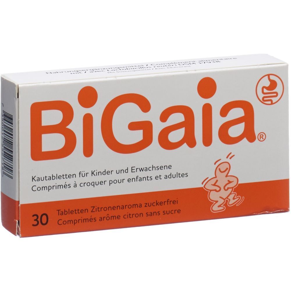 Boîte blanche et orange. Inscription: BiGaia, 30 comprimés. Illustration d'une figurine. Texte: Comprimés à croquer pour enfants et adultes.