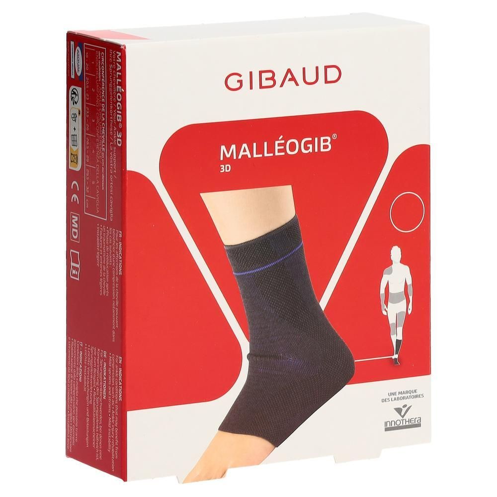 Verpackung mit Knöchelbandage. Marke GIBAUD, Modell Malleogib 3D. Schwarze Bandage am Fuß abgebildet. CE-Kennzeichnung.