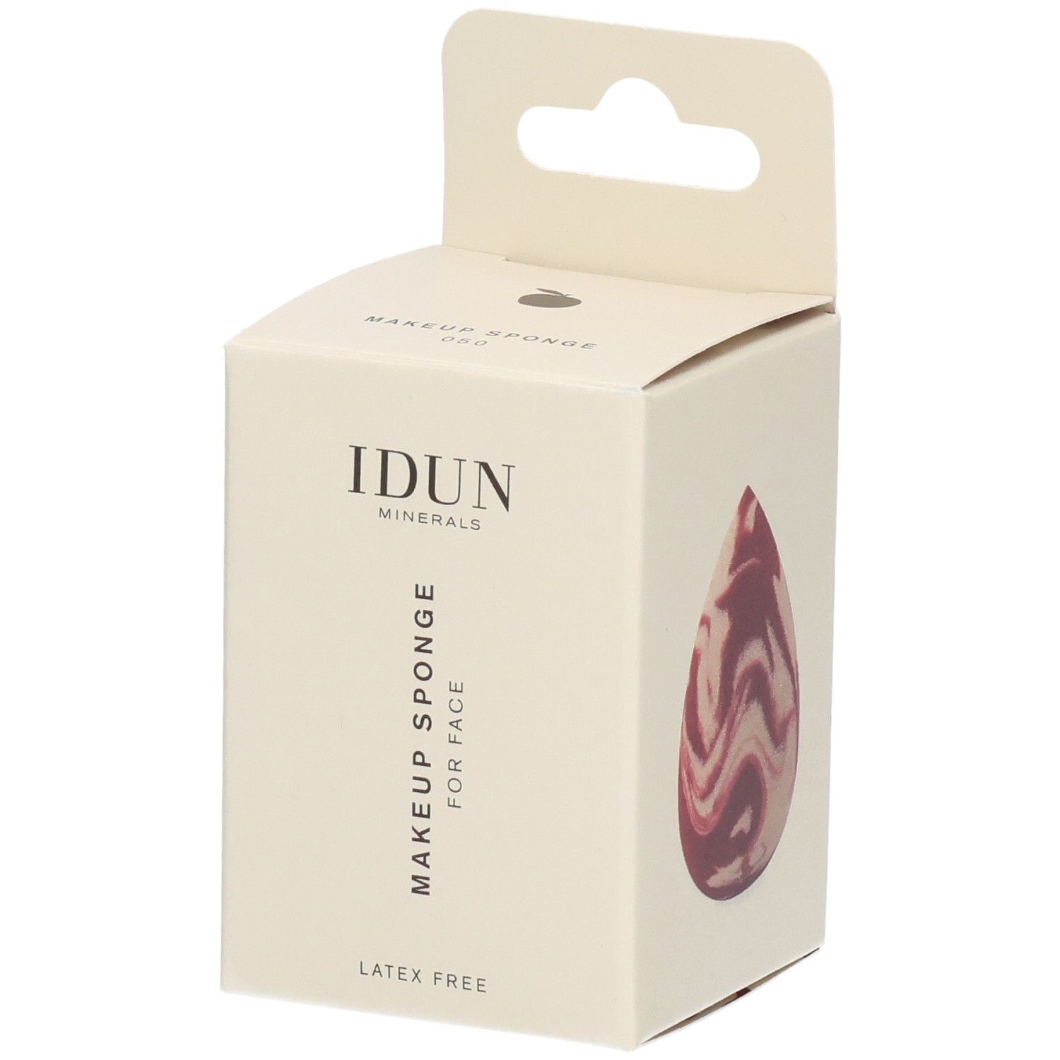 Emballage IDUN Minerals Make-up Sponge. Éponge marbrée rouge et blanche. Sans latex.