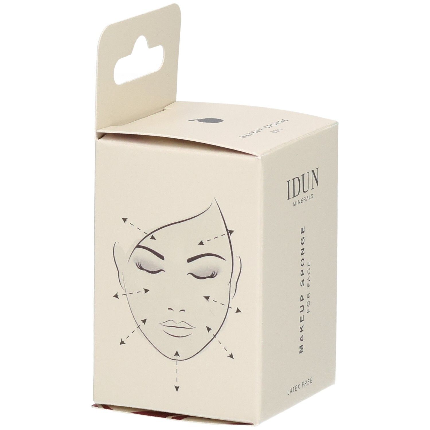 Emballage avec croquis de visage et flèches. Texte: IDUN Minerals, Make-up Sponge for Face, Sans latex.