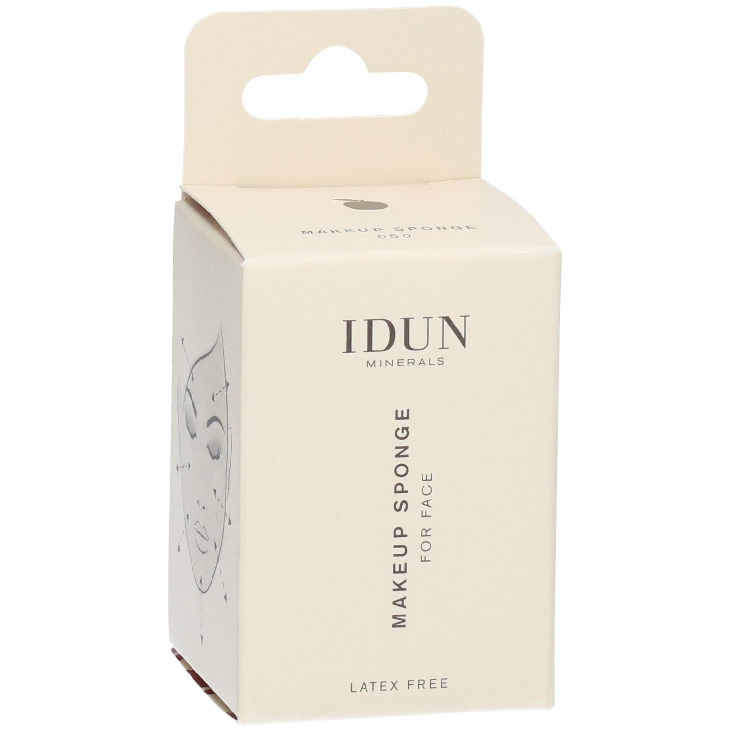 Emballage avec croquis de visage et flèches. Texte: IDUN Minerals, Make-up Sponge for Face, Sans latex.