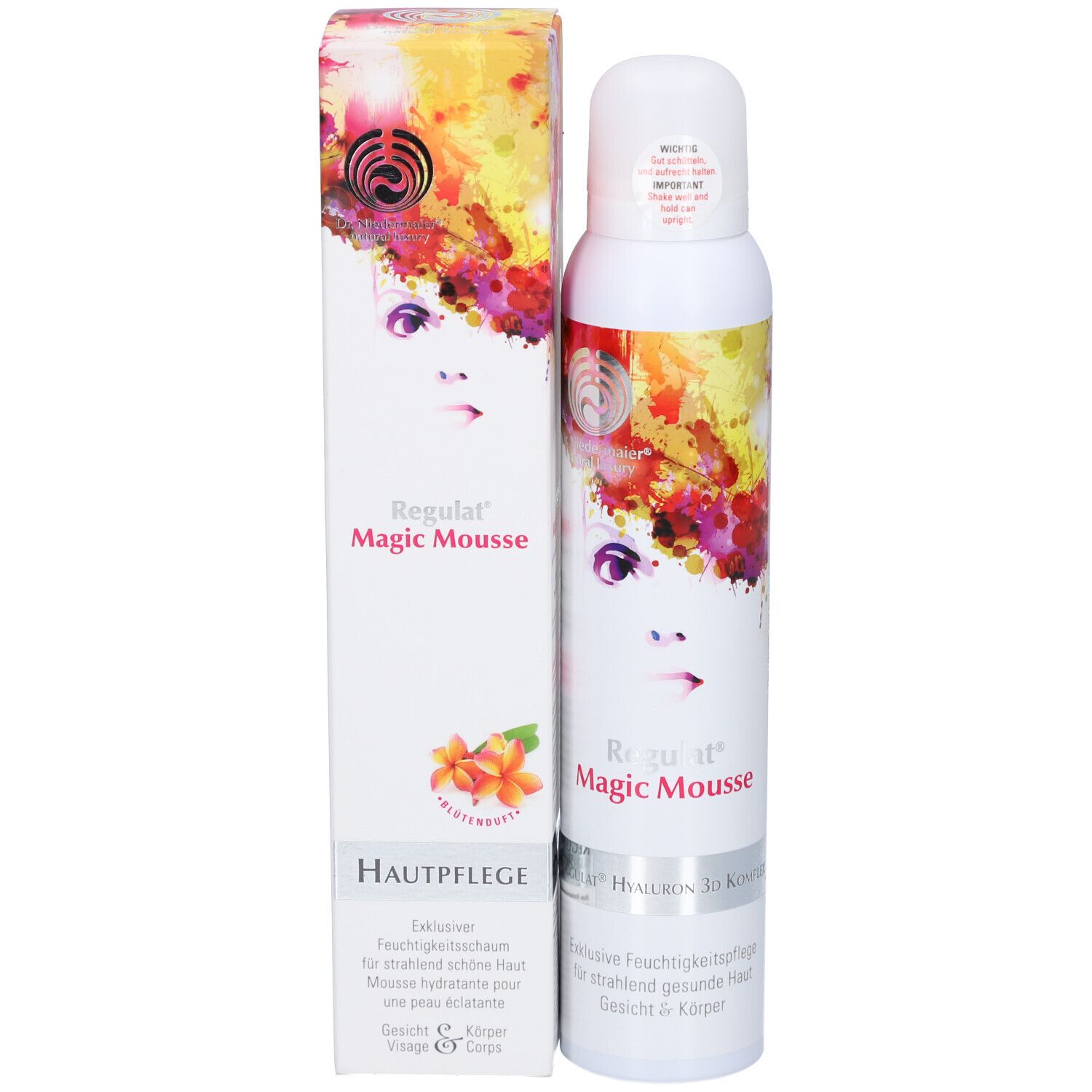 Emballage du produit et flacon pulvérisateur. Emballage: blanc, design coloré, nom du produit. Bouteille: blanc, nom du produit, visage.