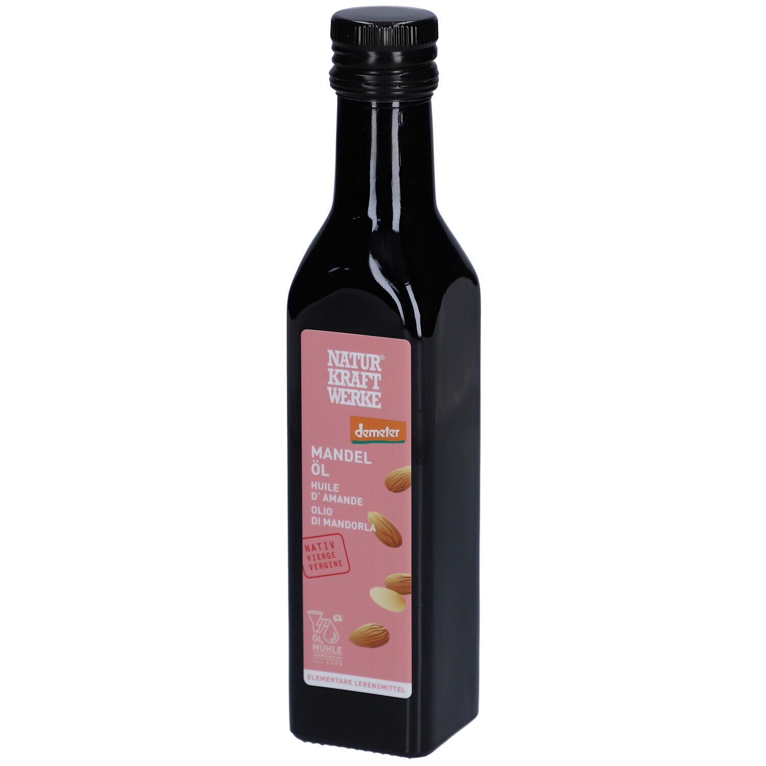 Bouteille noire avec bouchon noir. Étiquette rose avec nom du produit et amandes. Label Demeter.