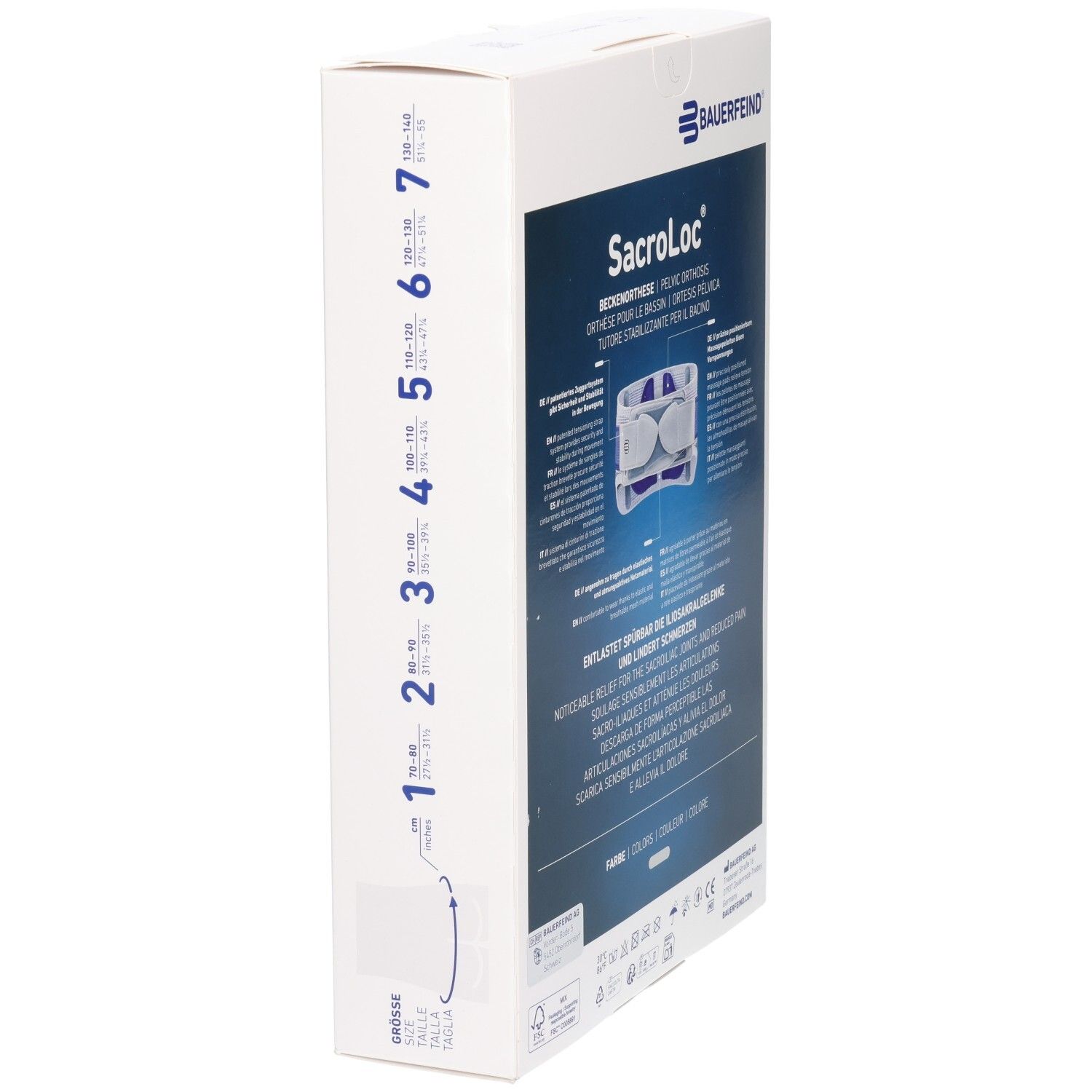 Seitenansicht der Verpackung der Bauerfeind SacroLoc Beckenorthese mit Größenskala.
