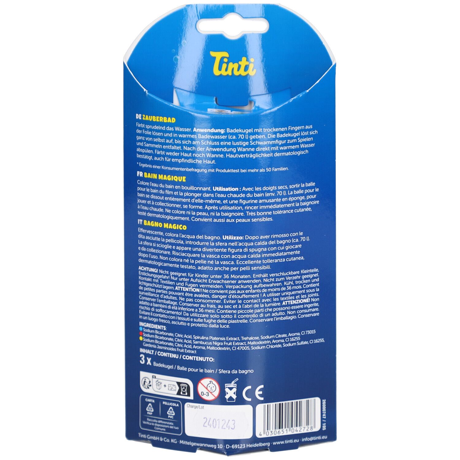 Rückseite der Tinti Zauberbad-Verpackung. Text in Deutsch, Französisch und Italienisch. Enthält 3 Badebälle.