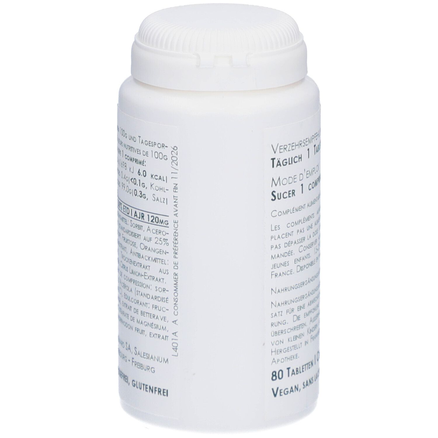 Flacon blanc avec bouchon à vis. Dos avec texte. Inscription: 80 comprimés, Vegan, sans lactose ni gluten.