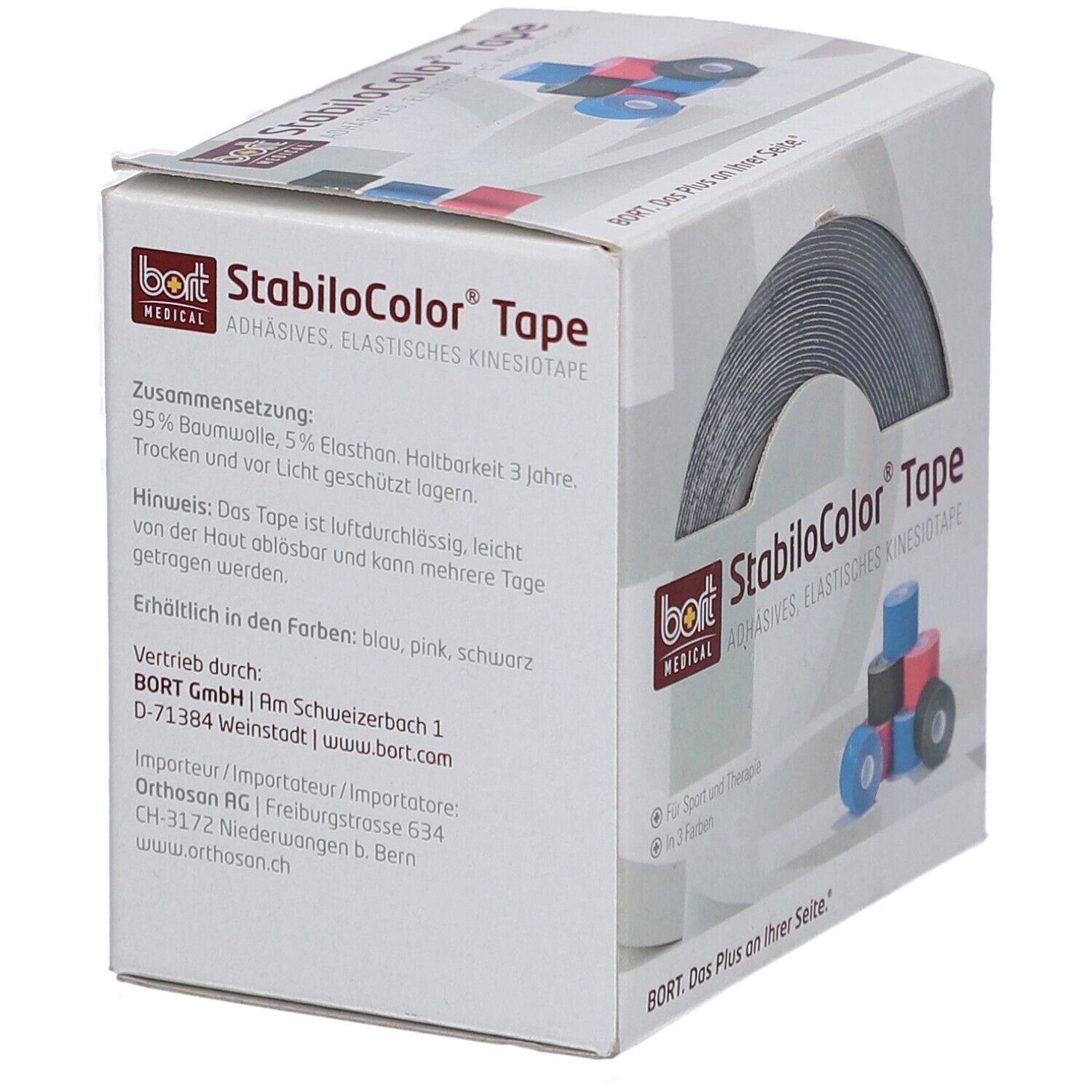 Box mit StabiloColor Tape. Aufschrift: StabiloColor Tape. Marke: BORT MEDICAL. Auf der Box sind Rollen in verschiedenen Farben abgebildet. Text in Deutsch.