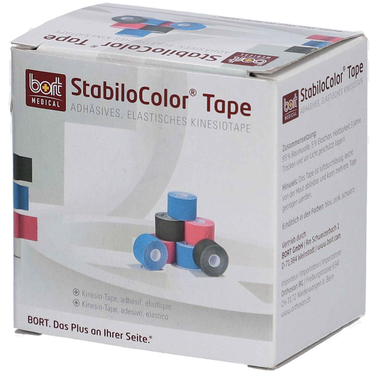 Box mit StabiloColor Tape. Aufschrift: StabiloColor Tape. Marke: BORT MEDICAL. Auf der Box sind Rollen in verschiedenen Farben abgebildet. Text in Deutsch.