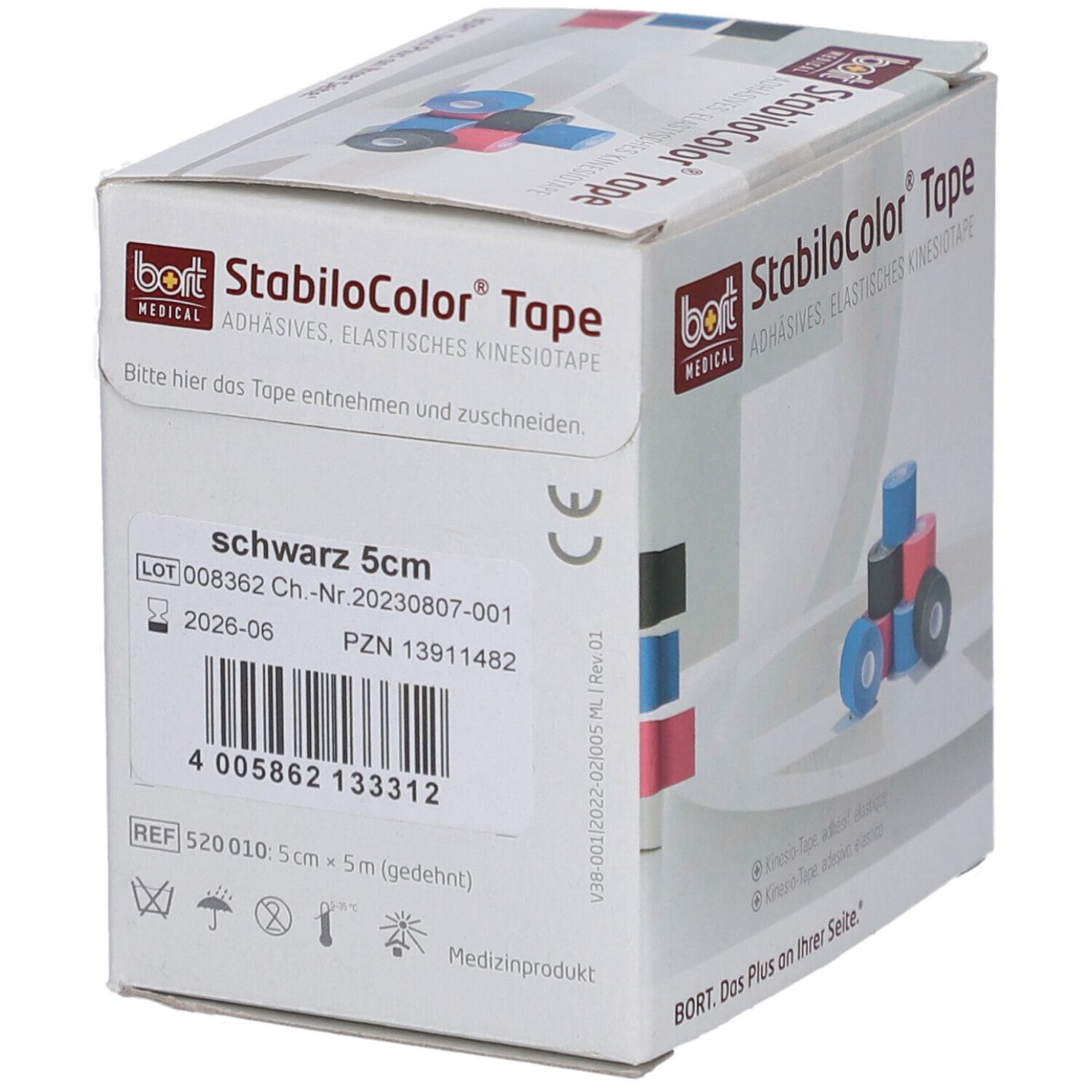 Box mit StabiloColor Tape. Aufschrift: StabiloColor Tape. Farbe: Schwarz, 5cm. Marke: BORT MEDICAL. Auf der Box sind Rollen in verschiedenen Farben abgebildet.